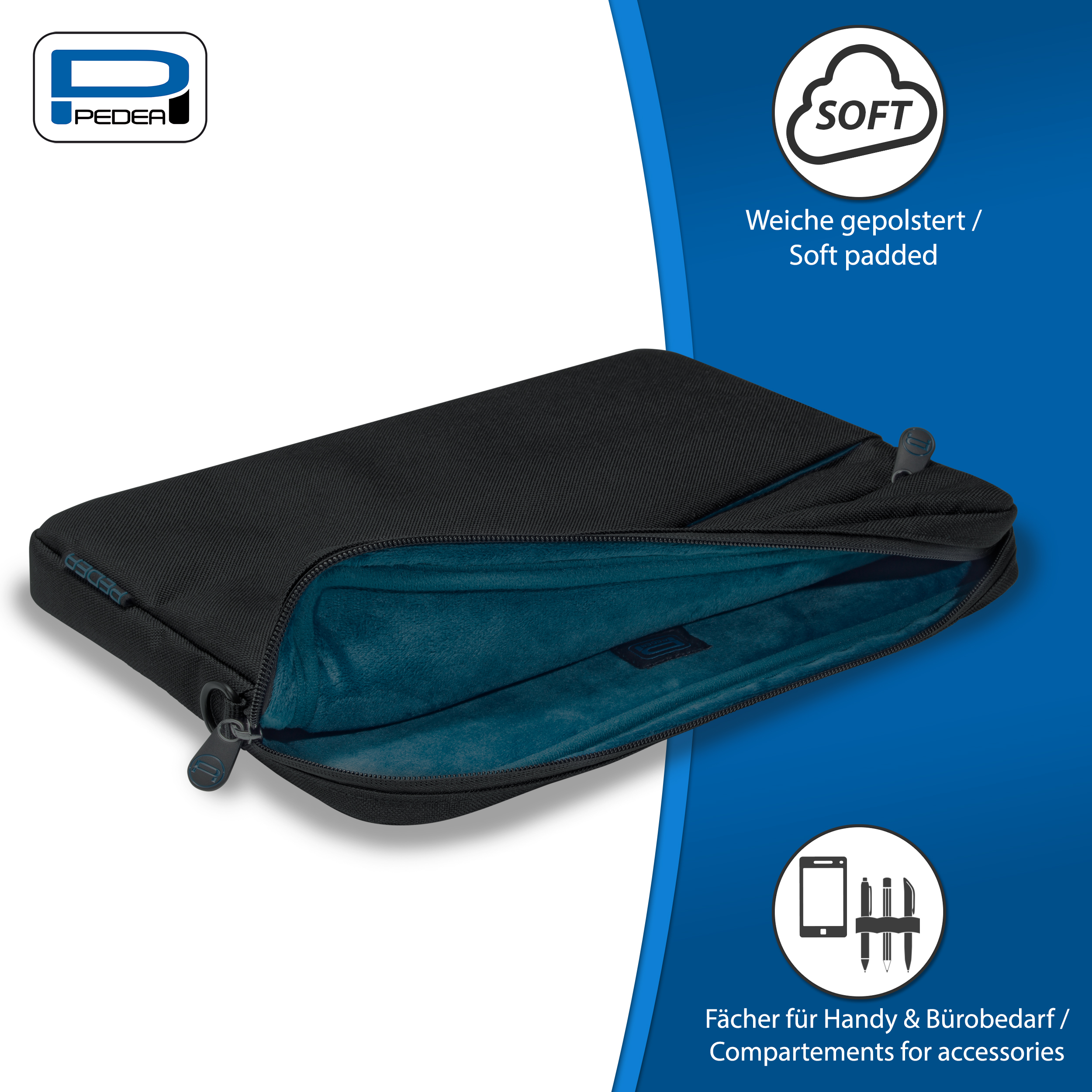 Eine schwarze Laptop-Hülle mit blauem Innenraum. Mit Reißverschluss und Logo.