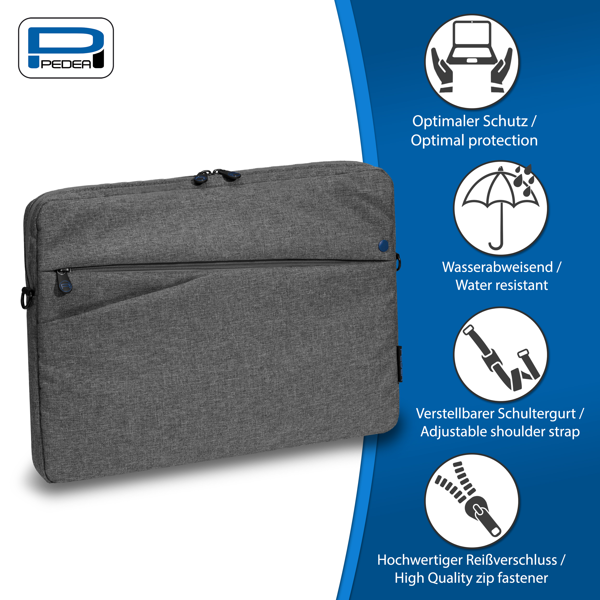 Borsa per laptop grigia con testo e icone, con un accento blu su sfondo bianco.