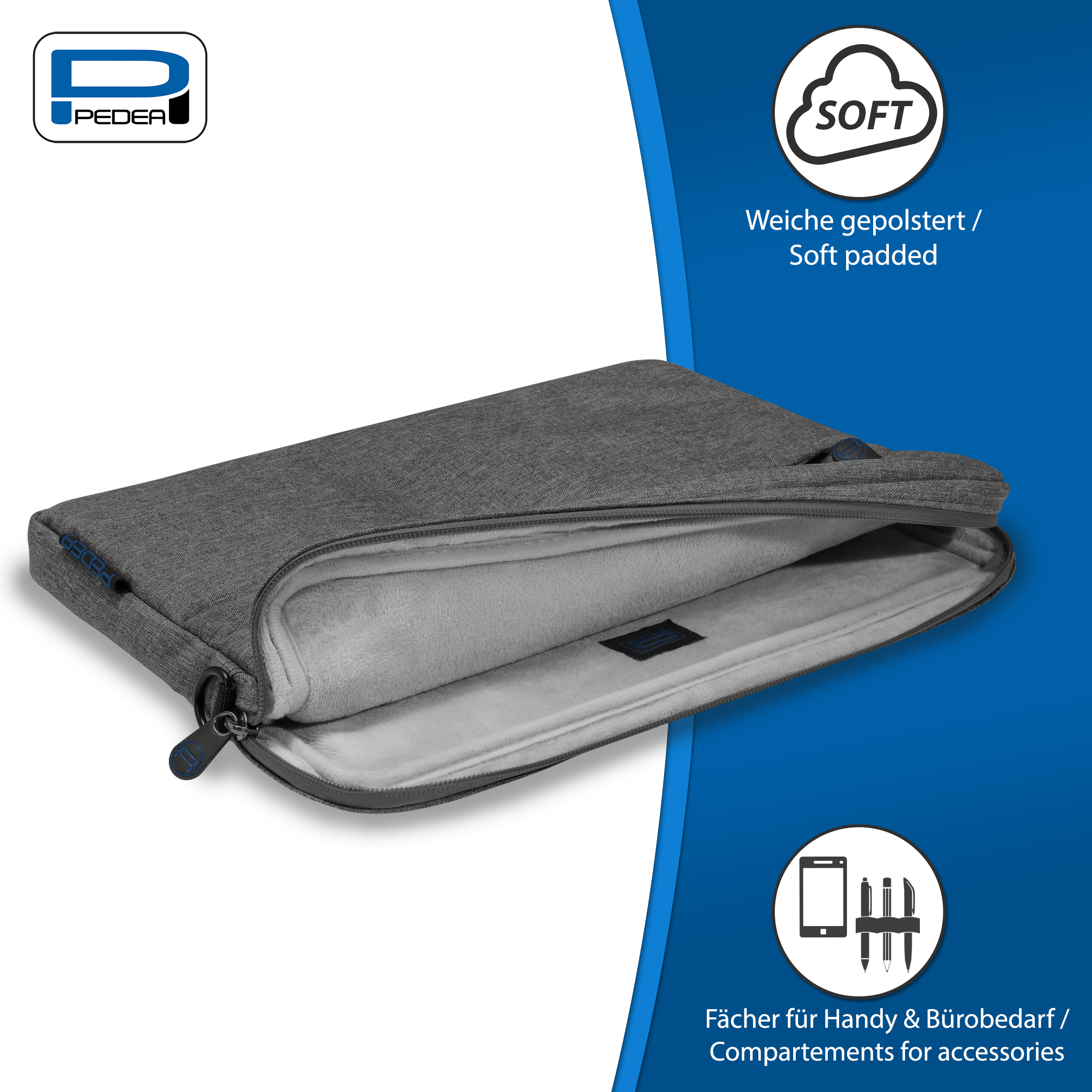 Custodia grigia per laptop con zip e interno morbido.