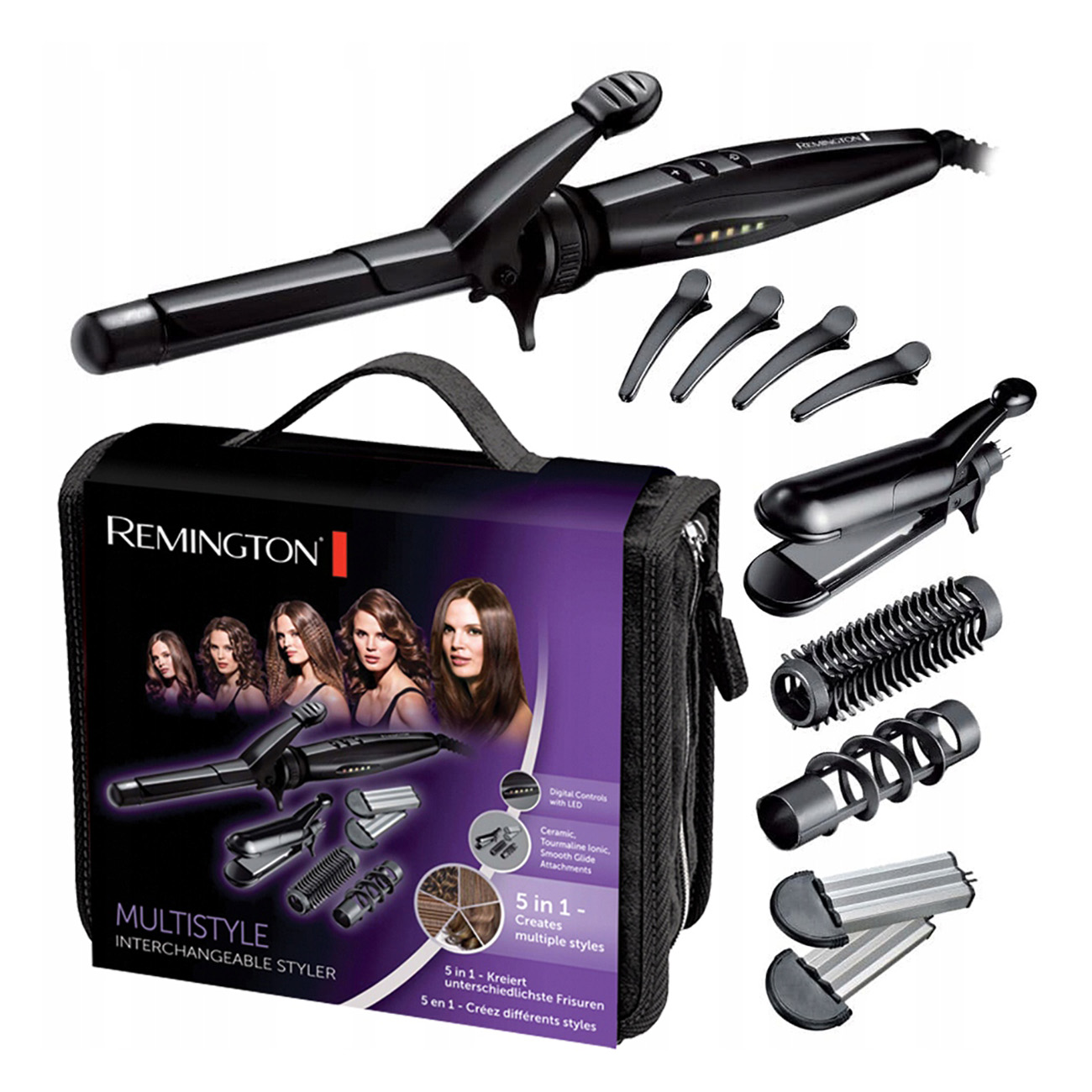 Remington Multistyle değiştirilebilir şekillendirici seti, maşa ve çeşitli ekler dahil.