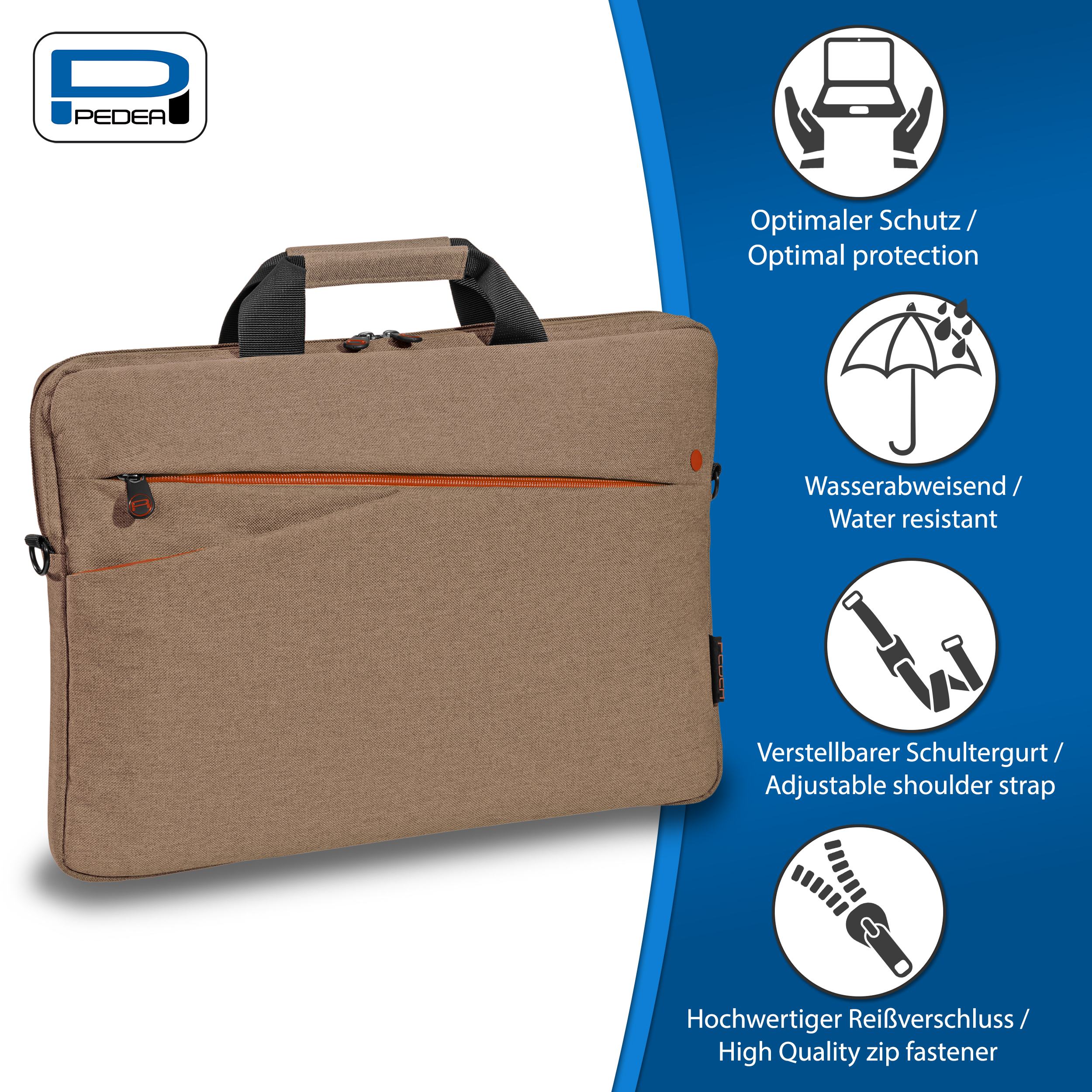 Una borsa per laptop Pedea marrone con cerniera arancione. Icone di protezione e caratteristiche.