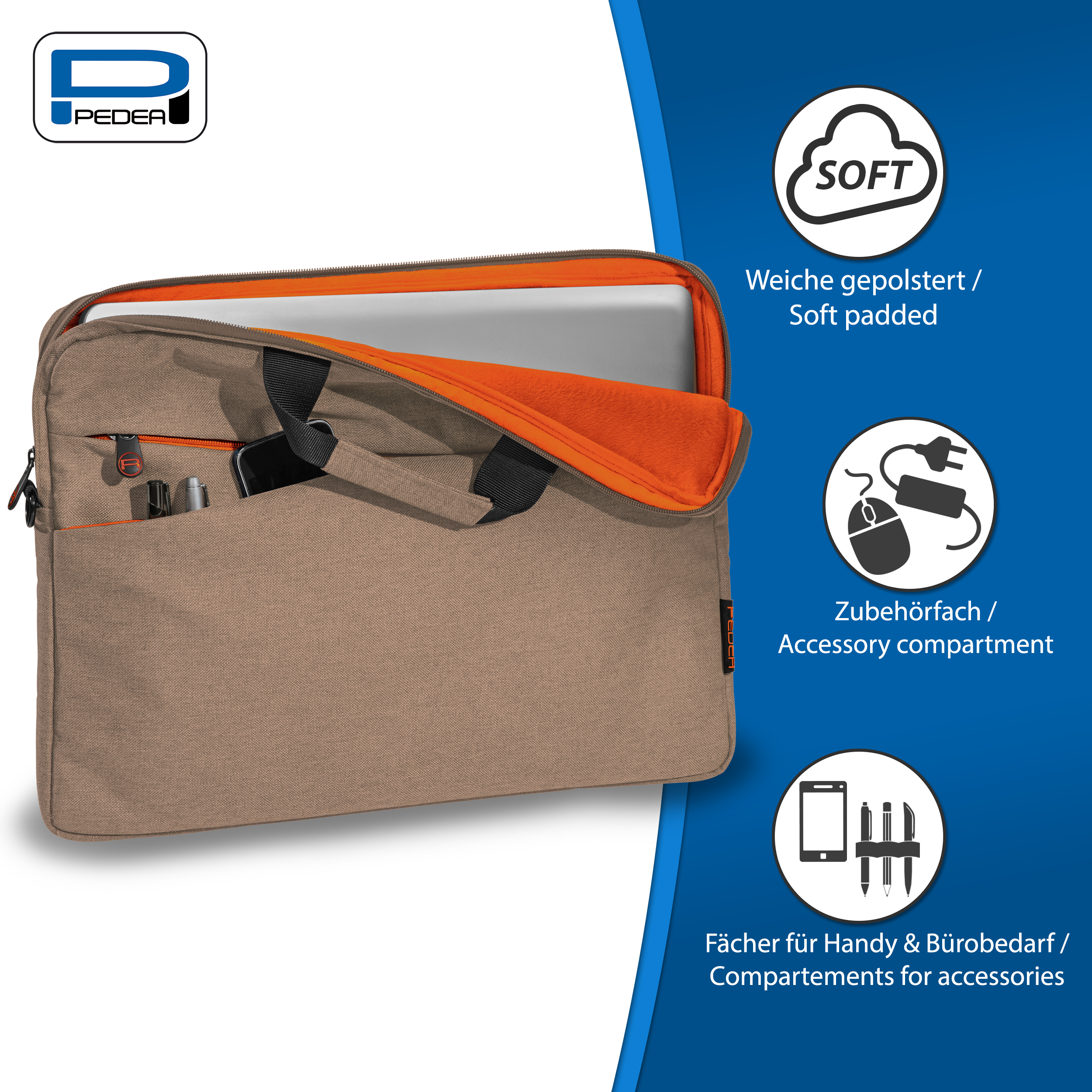 Borsa per laptop beige con accessori ed etichette di testo su sfondo blu.