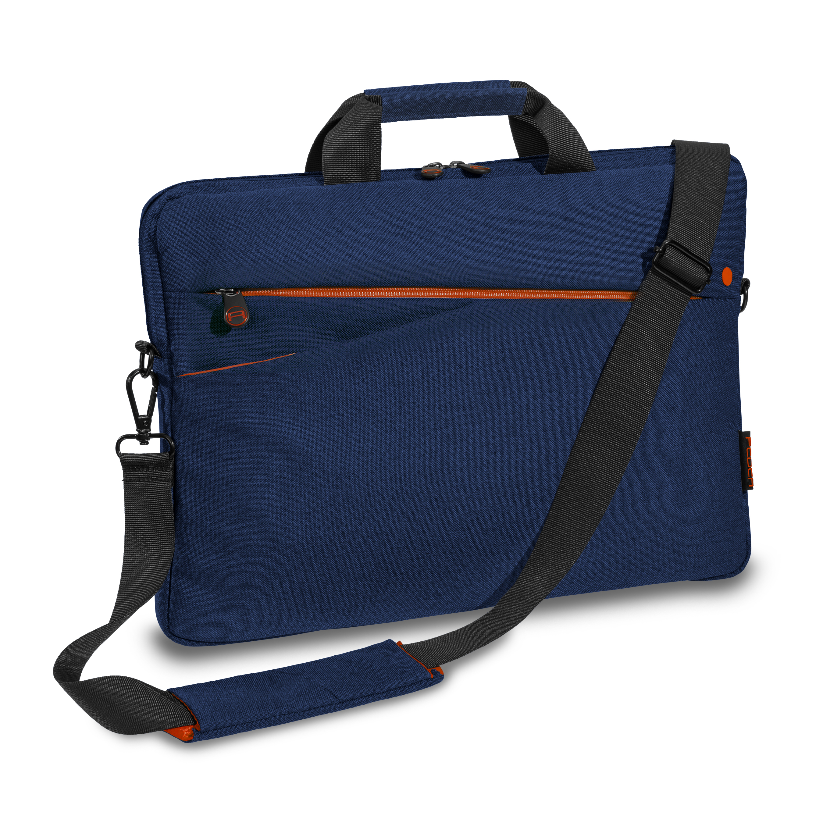 Borsa per laptop blu navy con tracolla nera e dettagli zip arancioni. Sfondo bianco.