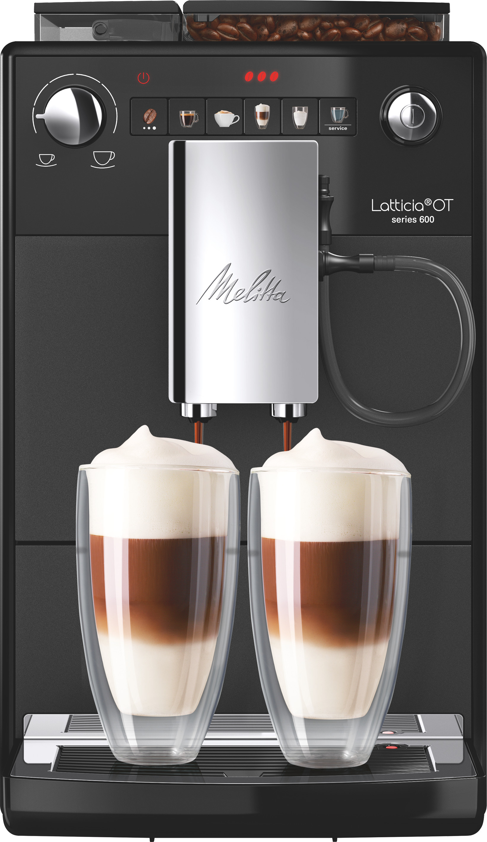Una macchina da caffè nera e argentata eroga caffè in due bicchieri trasparenti a doppia parete.