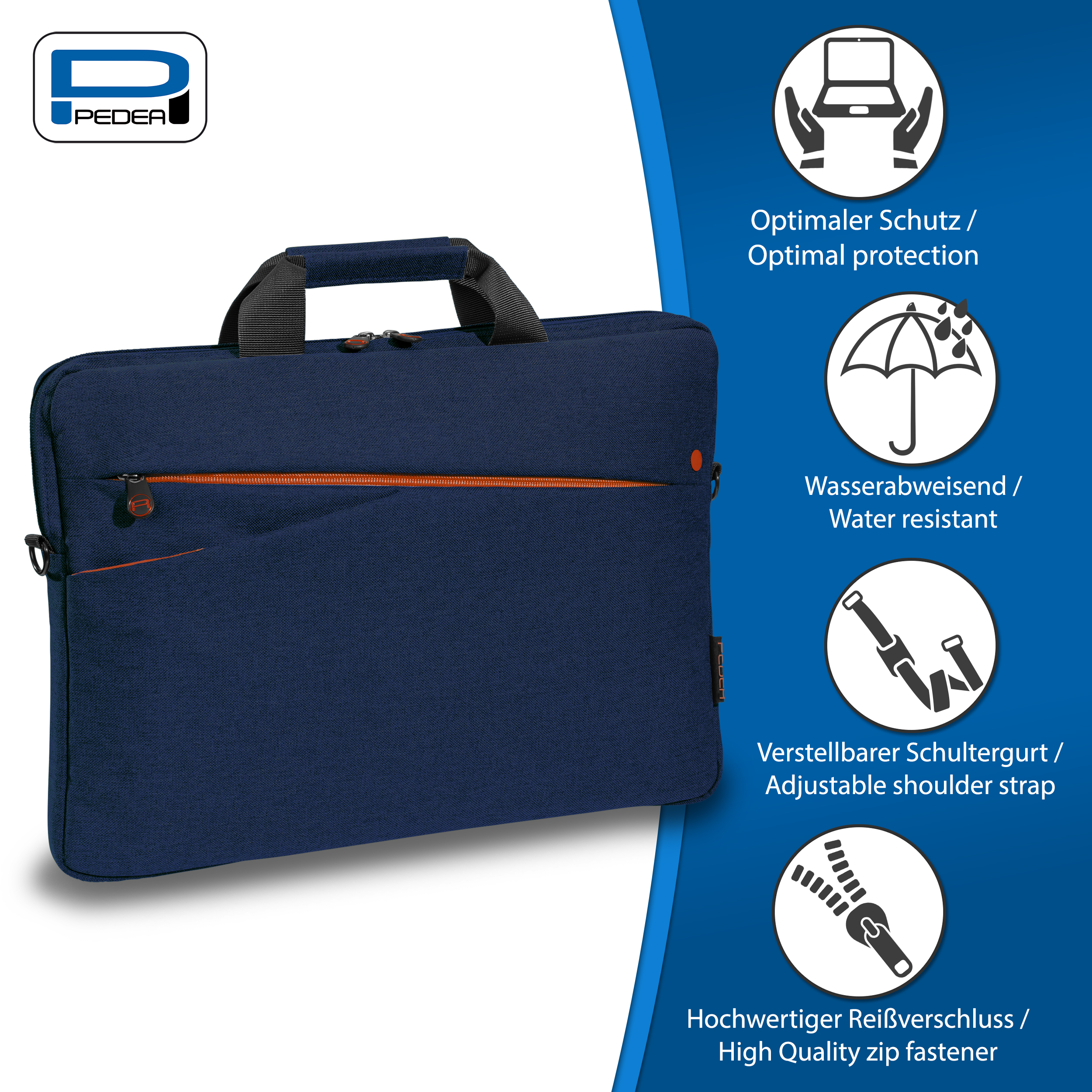 Marineblaue Laptoptasche mit orangefarbenem Reißverschluss und Icons mit Funktionen.