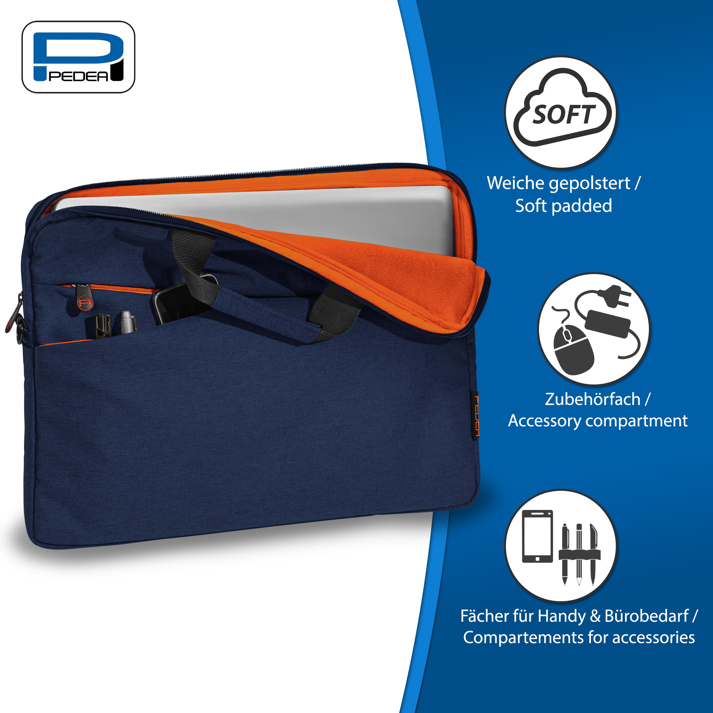 Blaue Laptoptasche. Enthält Laptop, Zubehör. Weiße Textaufkleber.
