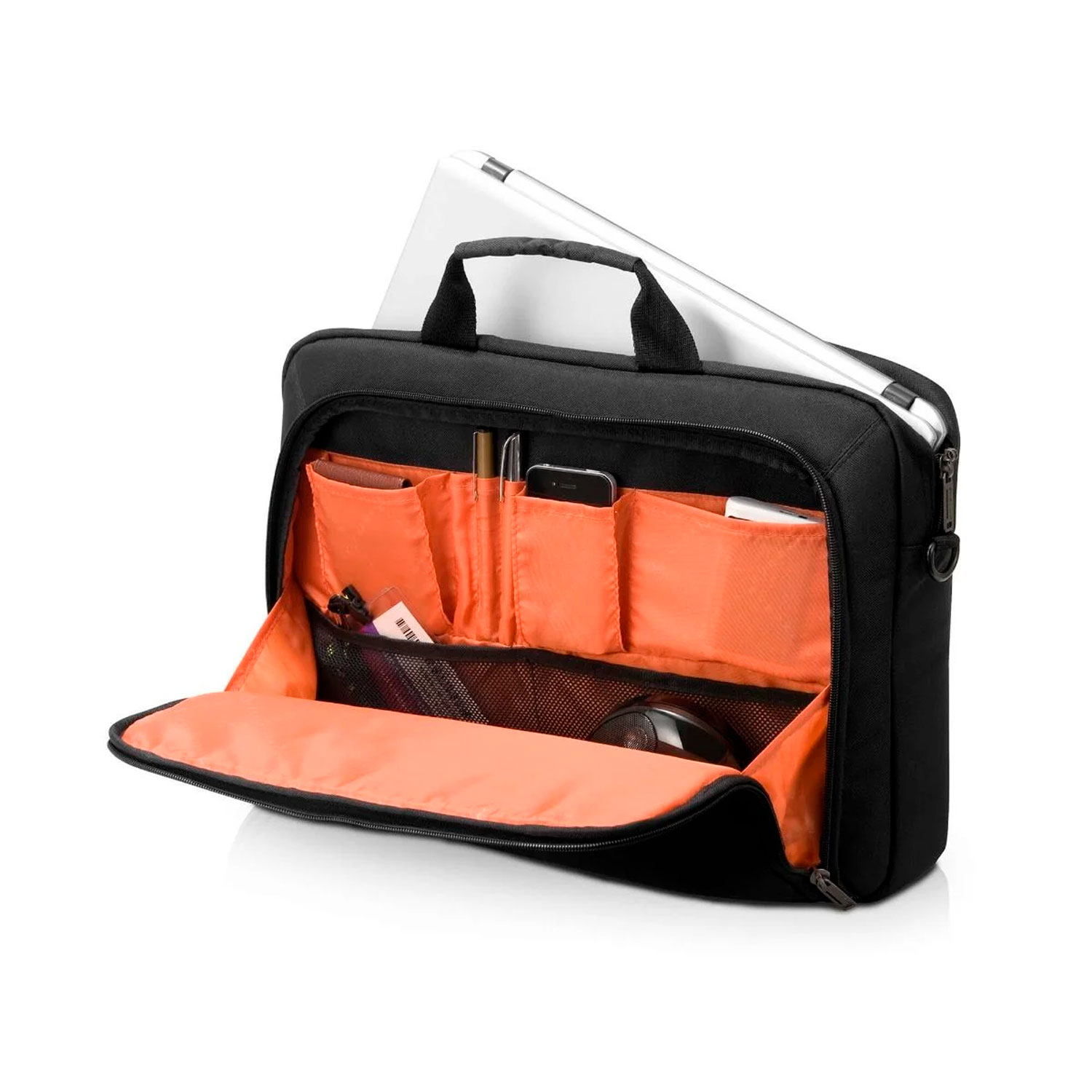 Schwarze offene Aktentasche mit orangefarbenem Innenraum, Laptop und Gegenständen in Taschen.