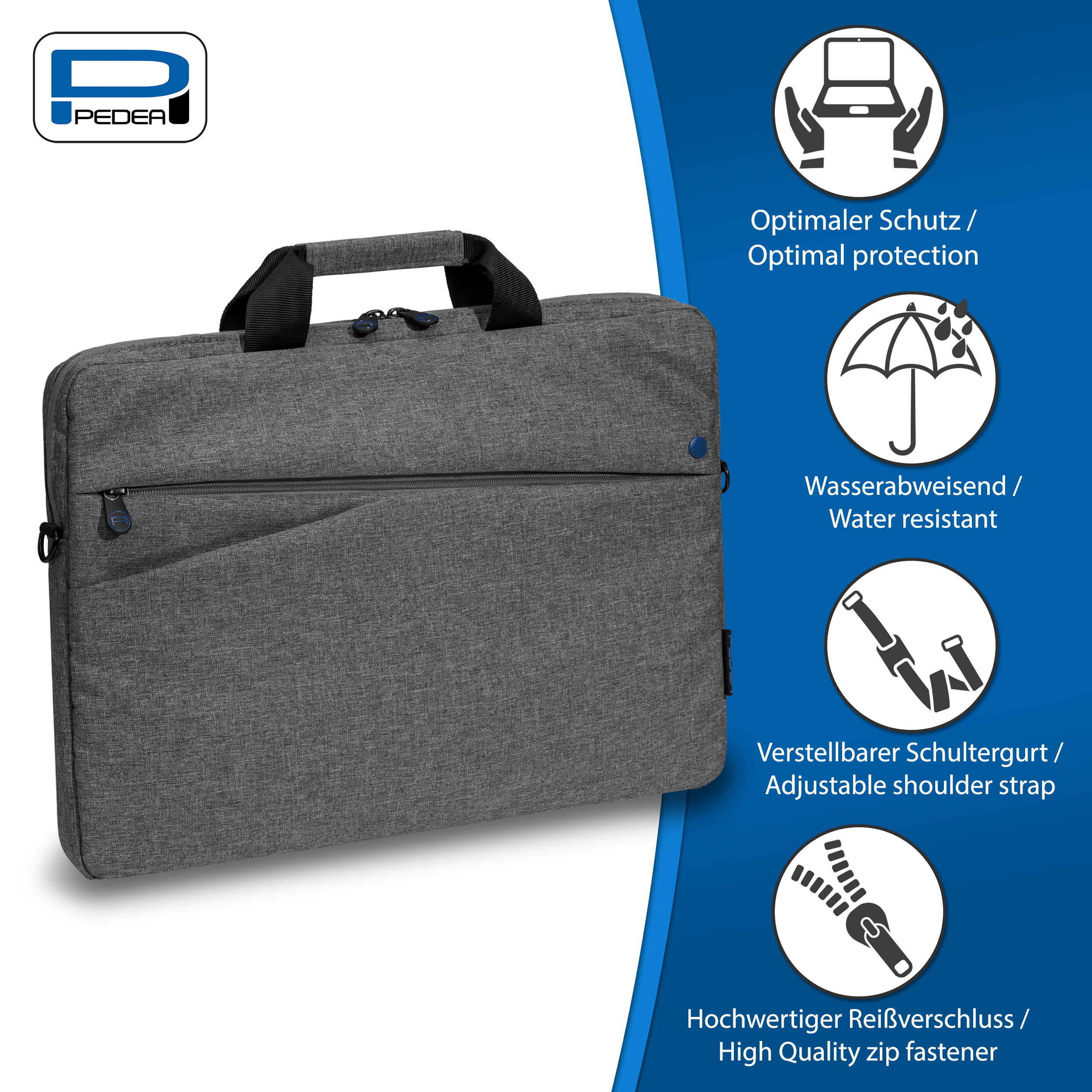 Graue Laptoptasche mit Griff und Logo. Text auf der Tasche erwähnt optimalen Schutz, Wasserfestigkeit und Reißverschluss.