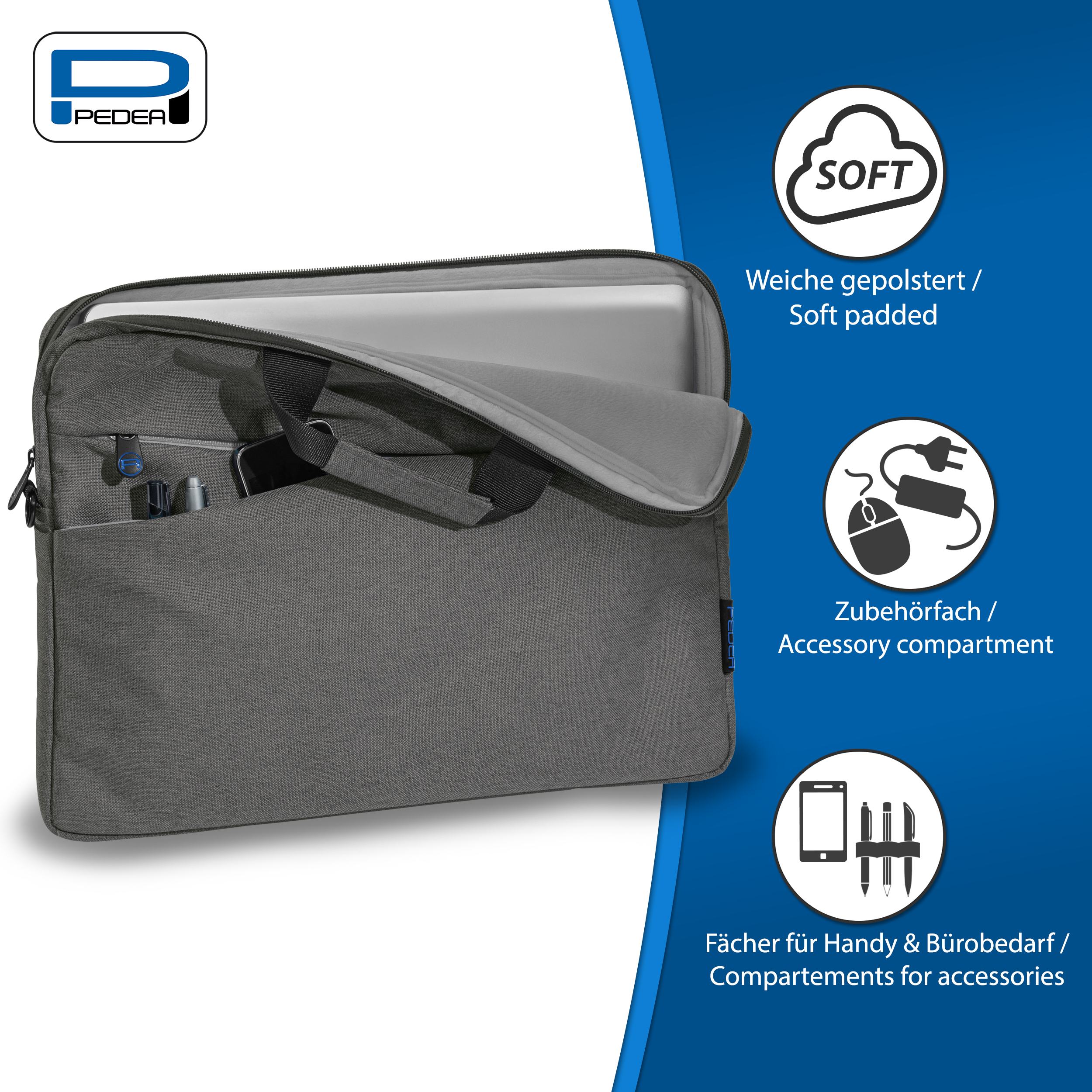 Eine graue Laptoptasche mit Zubehörfächern und einem Laptop darin.