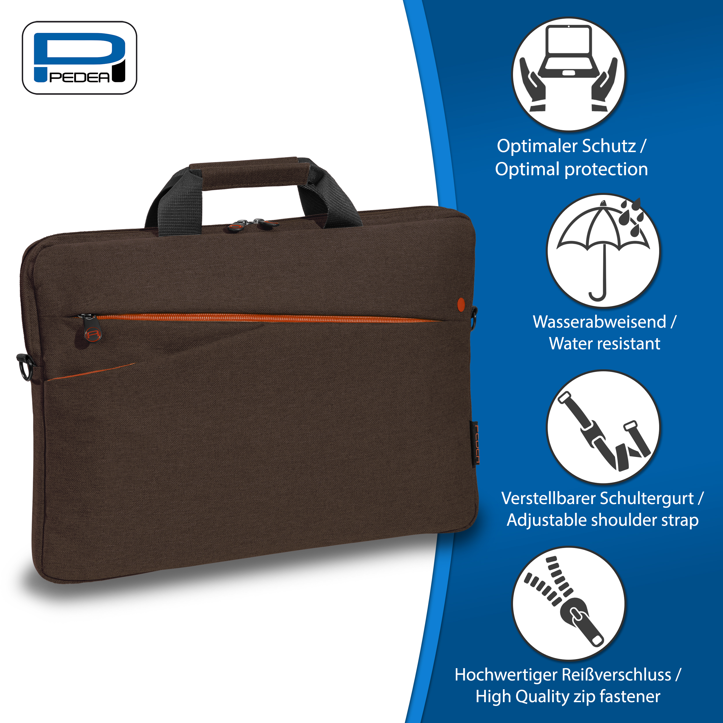 Braune Laptoptasche mit orangefarbenem Reißverschluss und Text über Schutz.