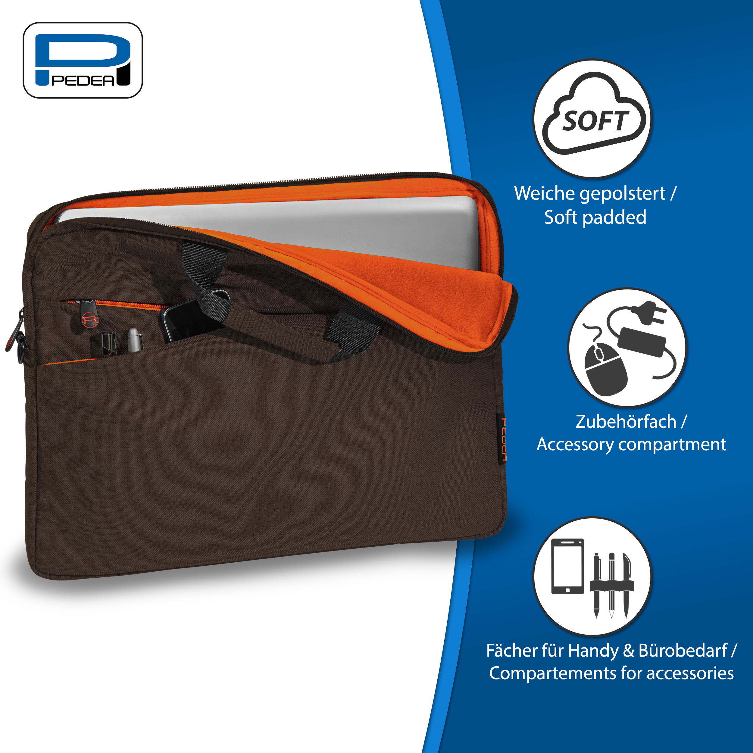 Braune Laptop-Tasche mit orangefarbenem Innenraum. Text und Symbole auf der Tasche beschreiben weiche Polsterung.