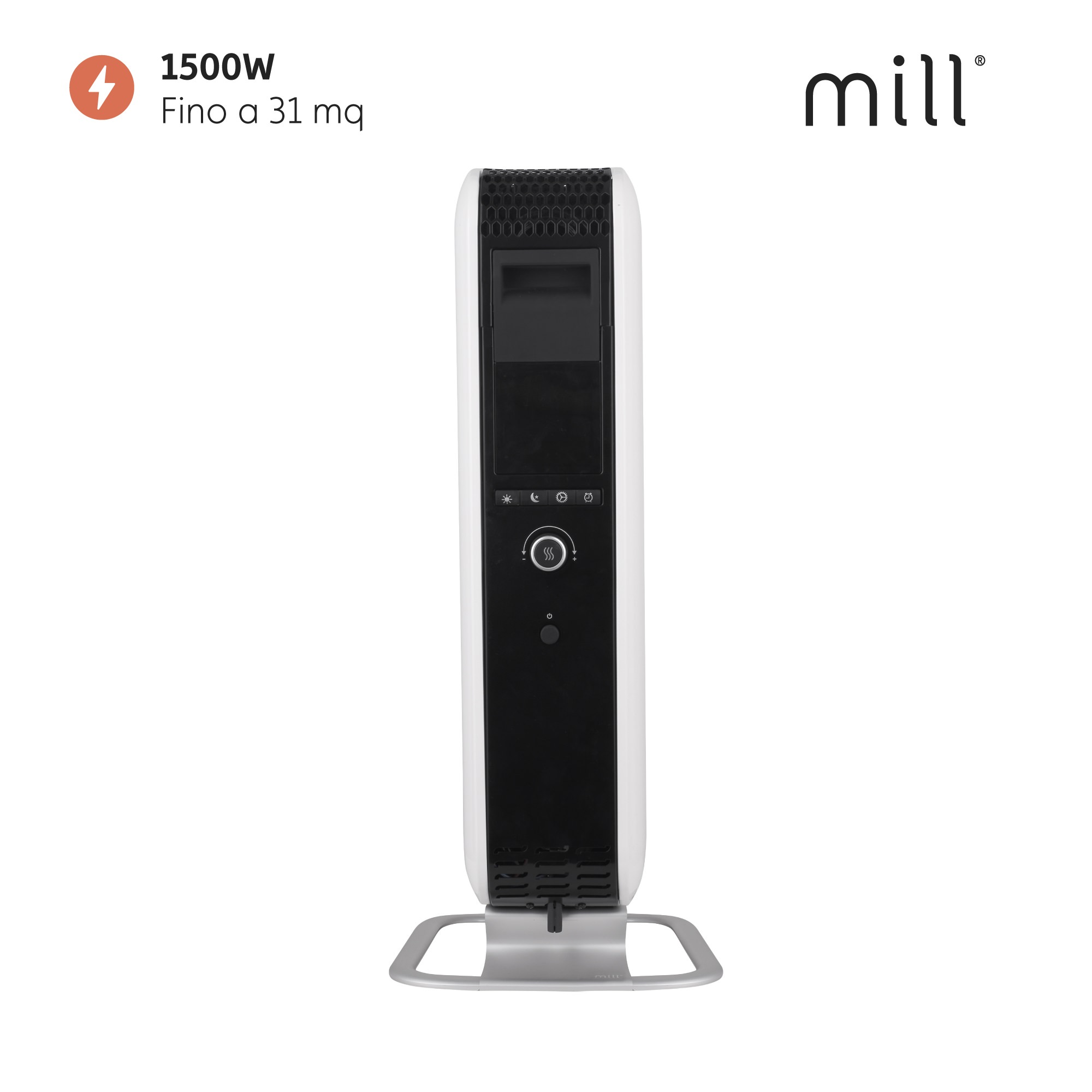 Biało-czarny grzejnik elektryczny. Ma wyświetlacz i elementy sterujące z przodu.