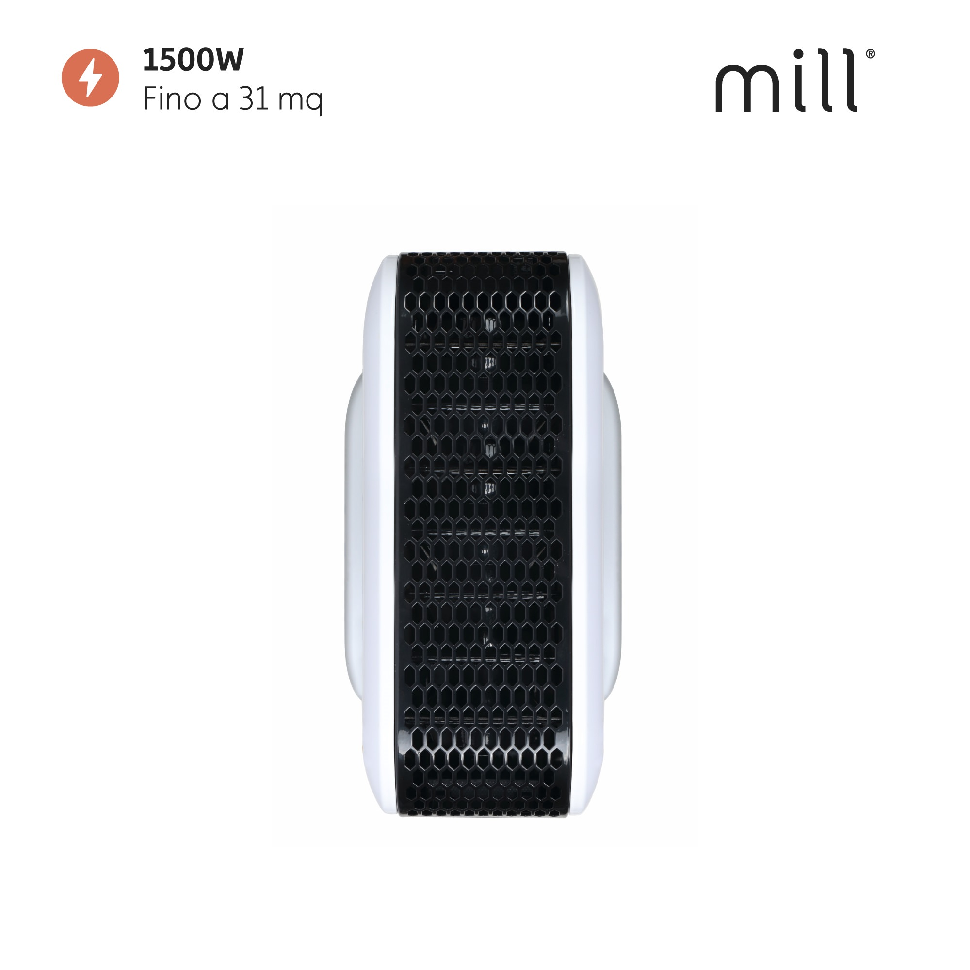 Biało-czarny grzejnik elektryczny z kratkowym wzorem, białym tłem i logo.