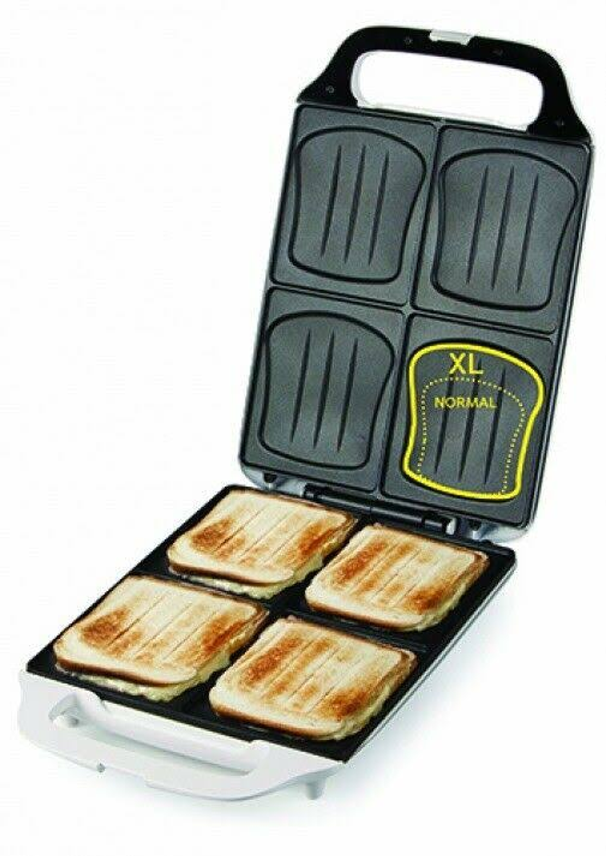Toaster mit vier Toastscheiben. Der Toaster ist geöffnet und zeigt getoastetes Brot in den Fächern.