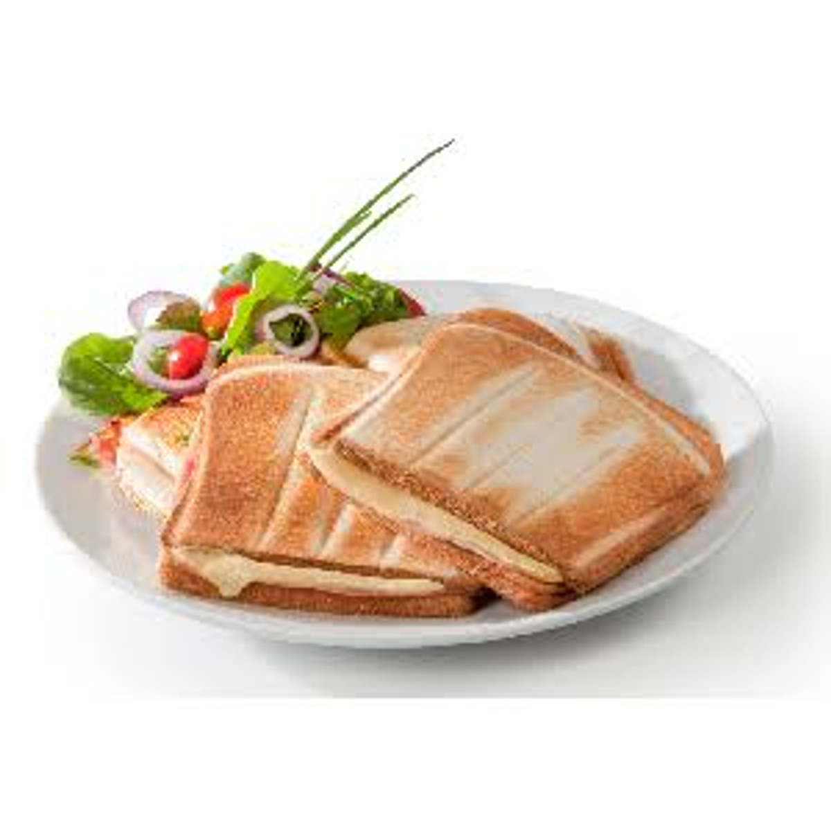 Gegrillter Käsesandwich und Salat auf einem weißen Teller. Weißer Hintergrund.