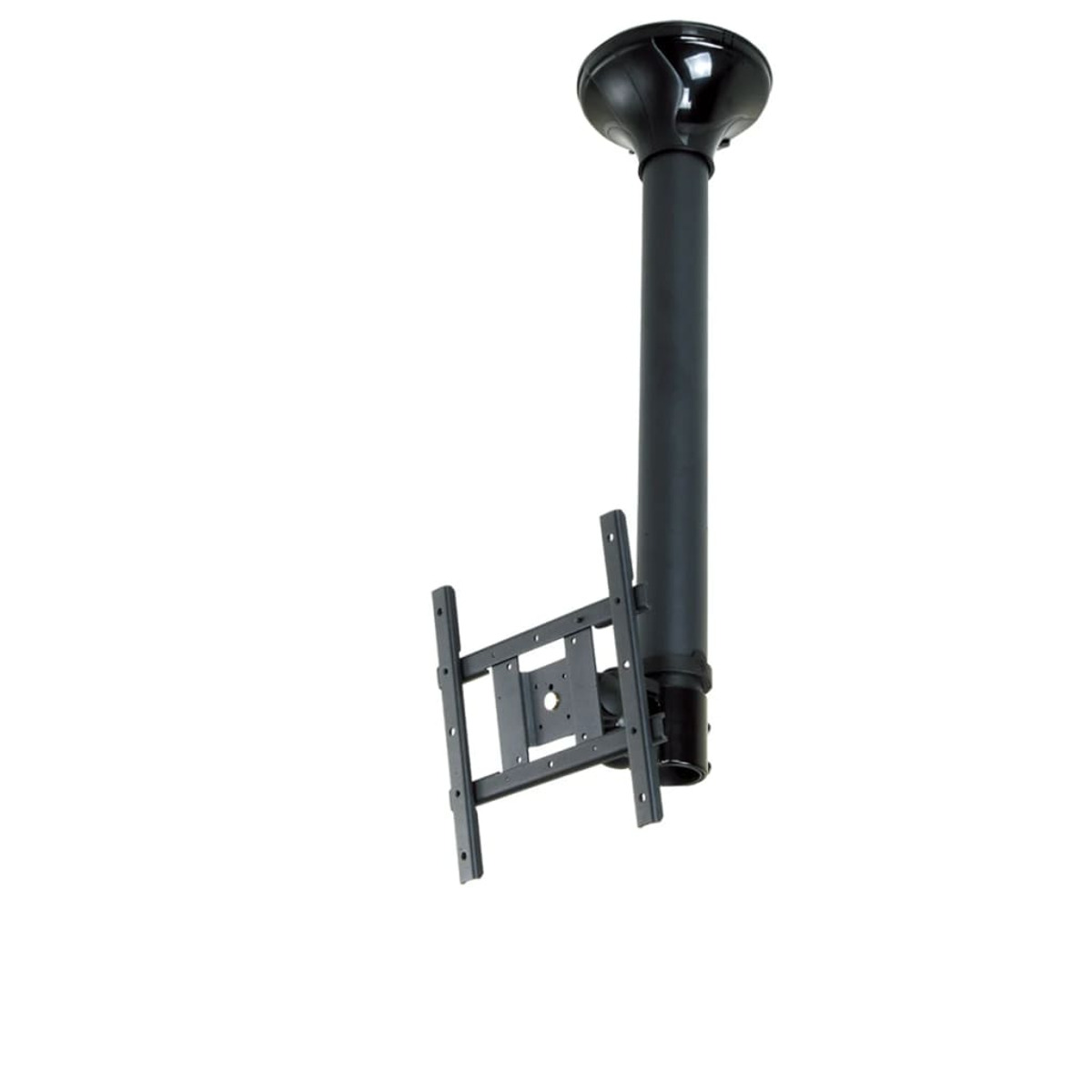 Soporte para proyector negro montado en el techo con un poste vertical y un soporte rectangular.