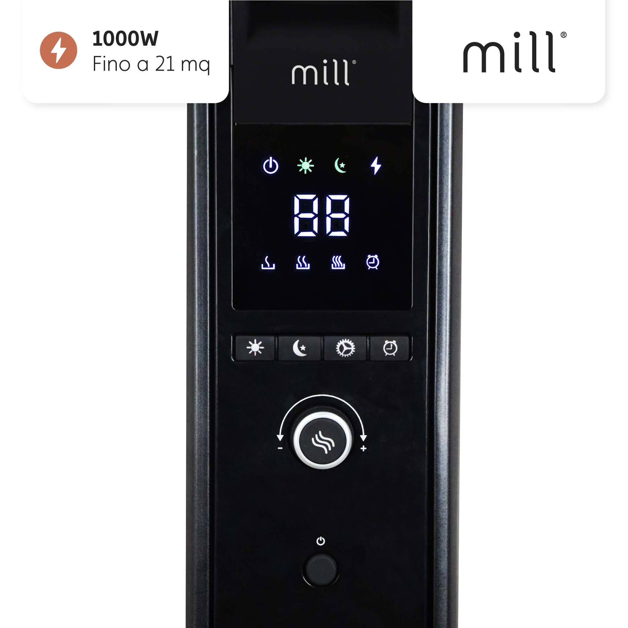 Ein schwarzer elektrischer Heizkörper von Mill mit digitaler Temperaturanzeige.