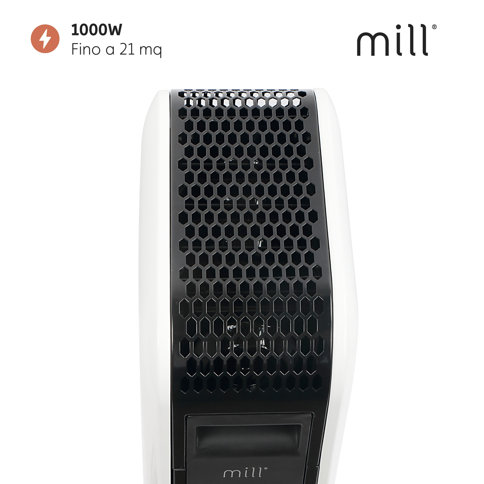 Witte en zwarte kachel. Zwarte grill met een wit frame. Mill-logo en aan/uit-knop zichtbaar.