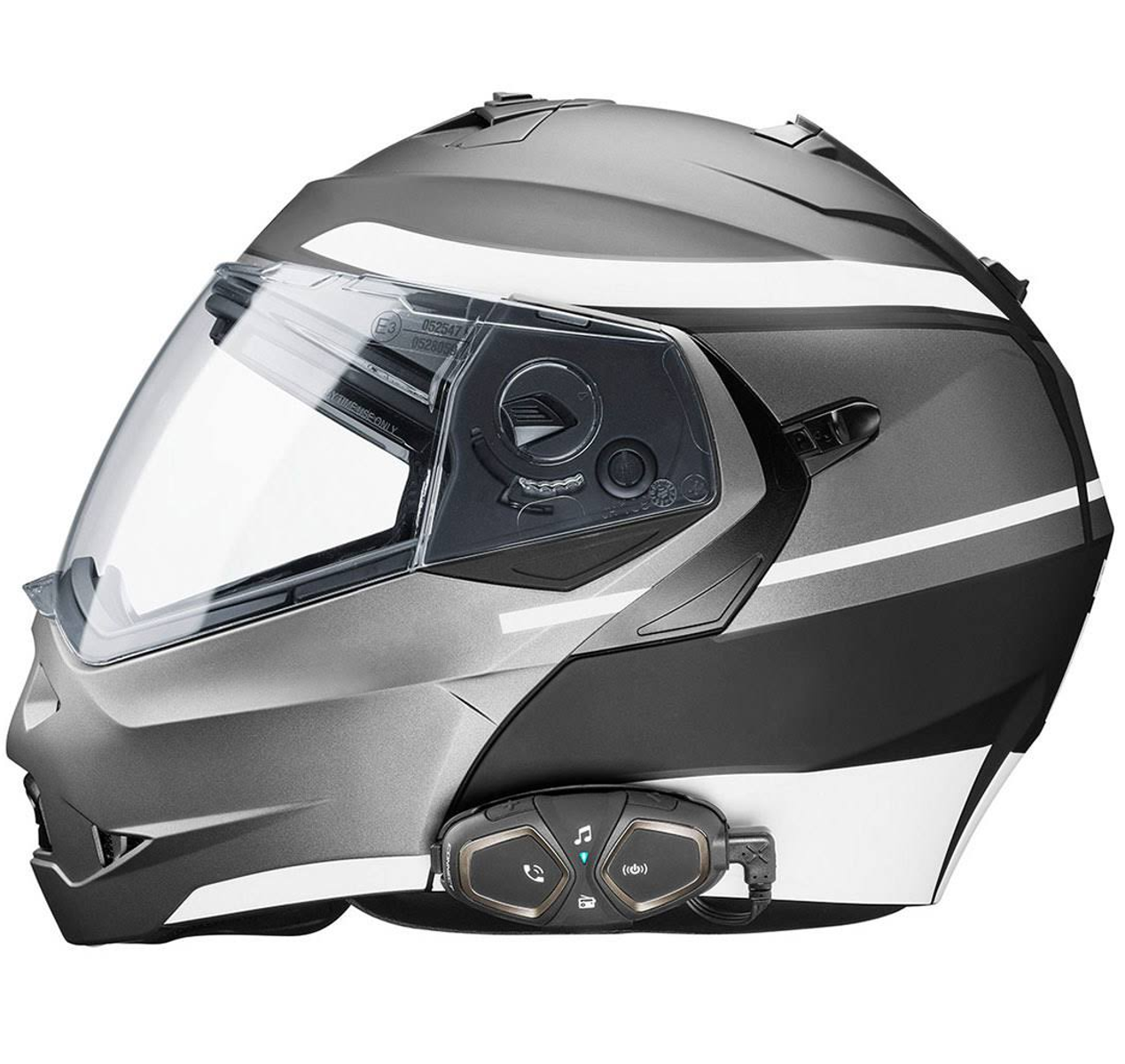 Casco moto con sistema di comunicazione. Grigio e nero con visiera trasparente.