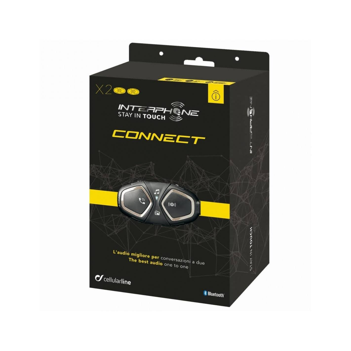 Un dispositivo interfono nero e argento in una scatola, con il testo 'STAY IN TOUCH' e 'CONNECT'.