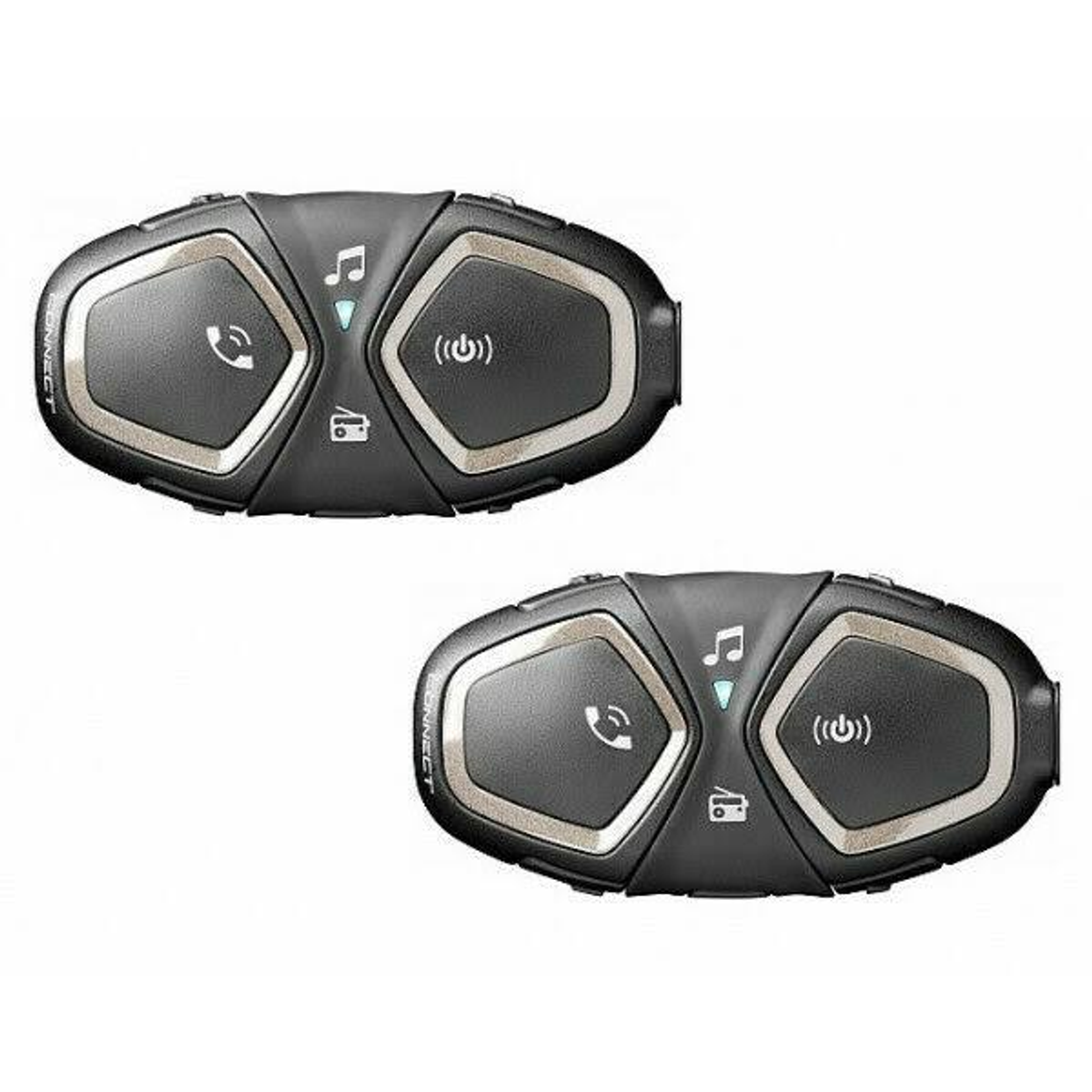 Due auricolari Bluetooth neri, ciascuno con simboli di telefono, musica e wireless.