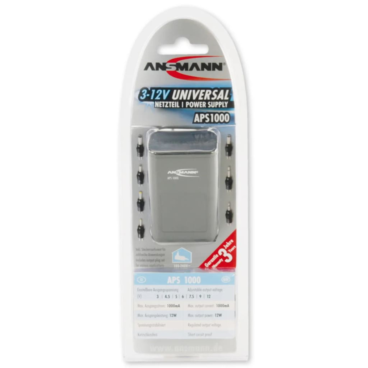 Eine verpackte Ansmann 3-12V Universal Power Supply mit mehreren Anschlussspitzen. Die Verpackung ist silber und weiß.