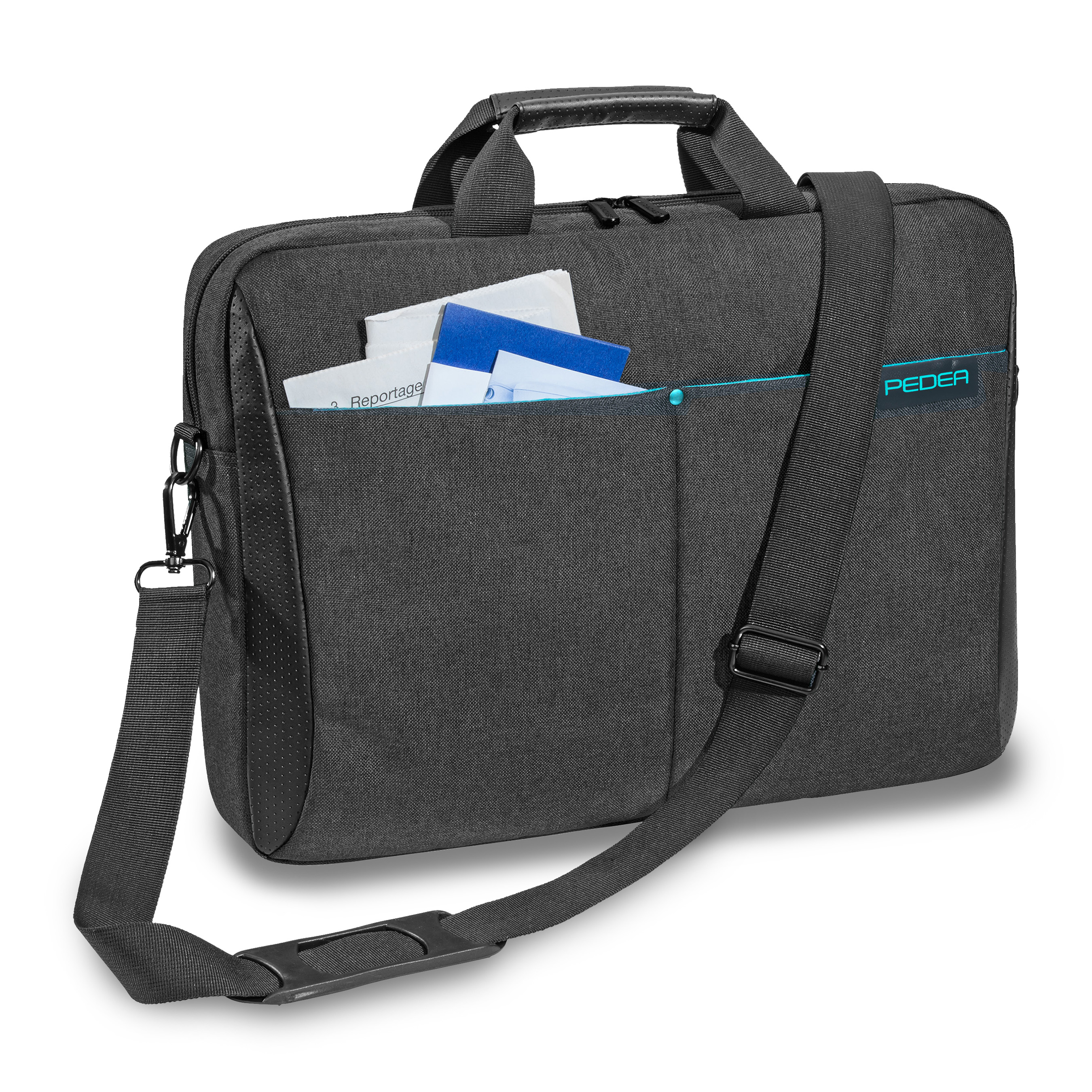 Una borsa grigia per laptop con tracolla e documenti nella tasca. Accenti blu visibili.
