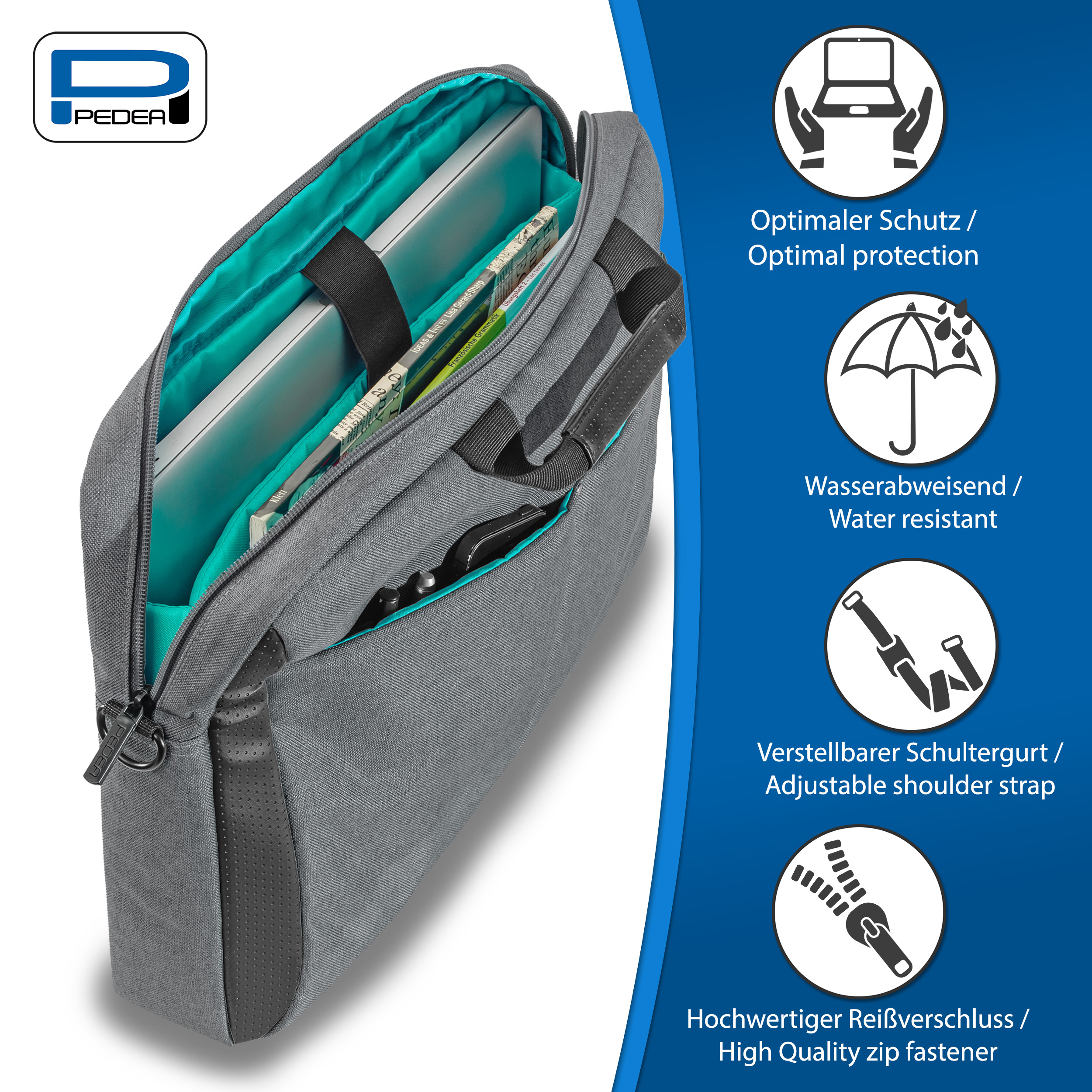 Borsa grigia per laptop con interno turchese. Testo e icone descrivono le caratteristiche: impermeabile, tracolla regolabile e cerniera di alta qualità.