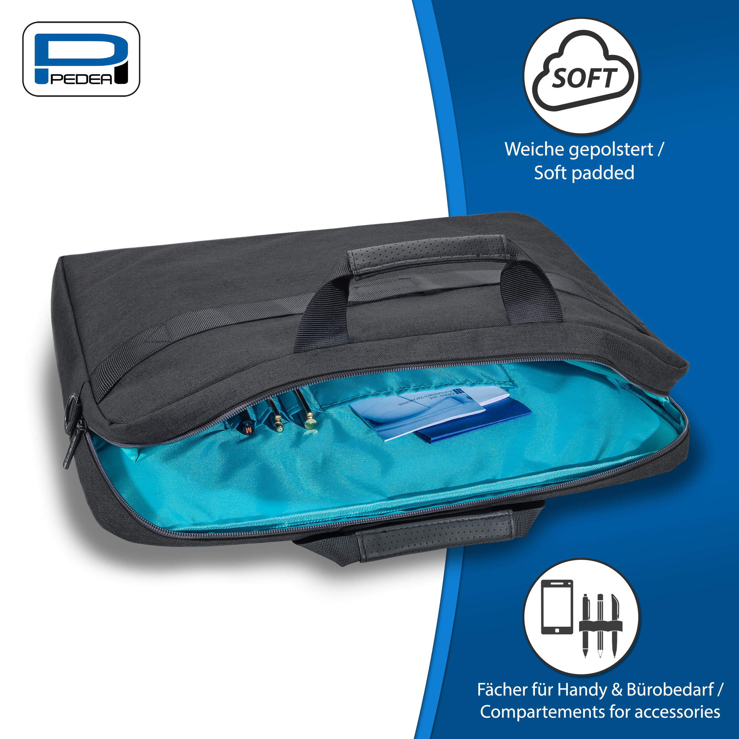 Schwarze Laptoptasche mit türkisem Innenraum. Geöffnet, zeigt Taschen und Zubehör.