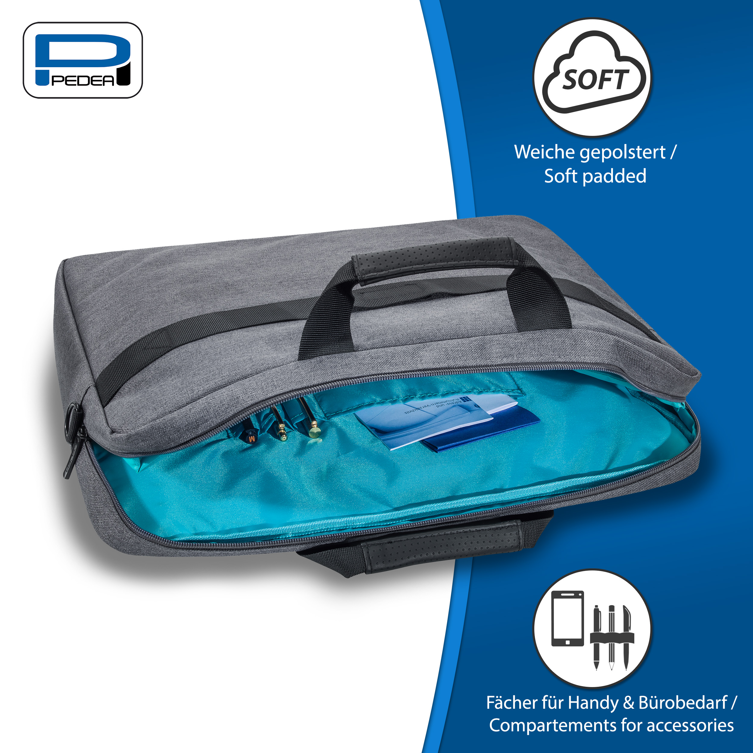 Borsa grigia per laptop, aperta, con interno blu e icone, su sfondo bianco.