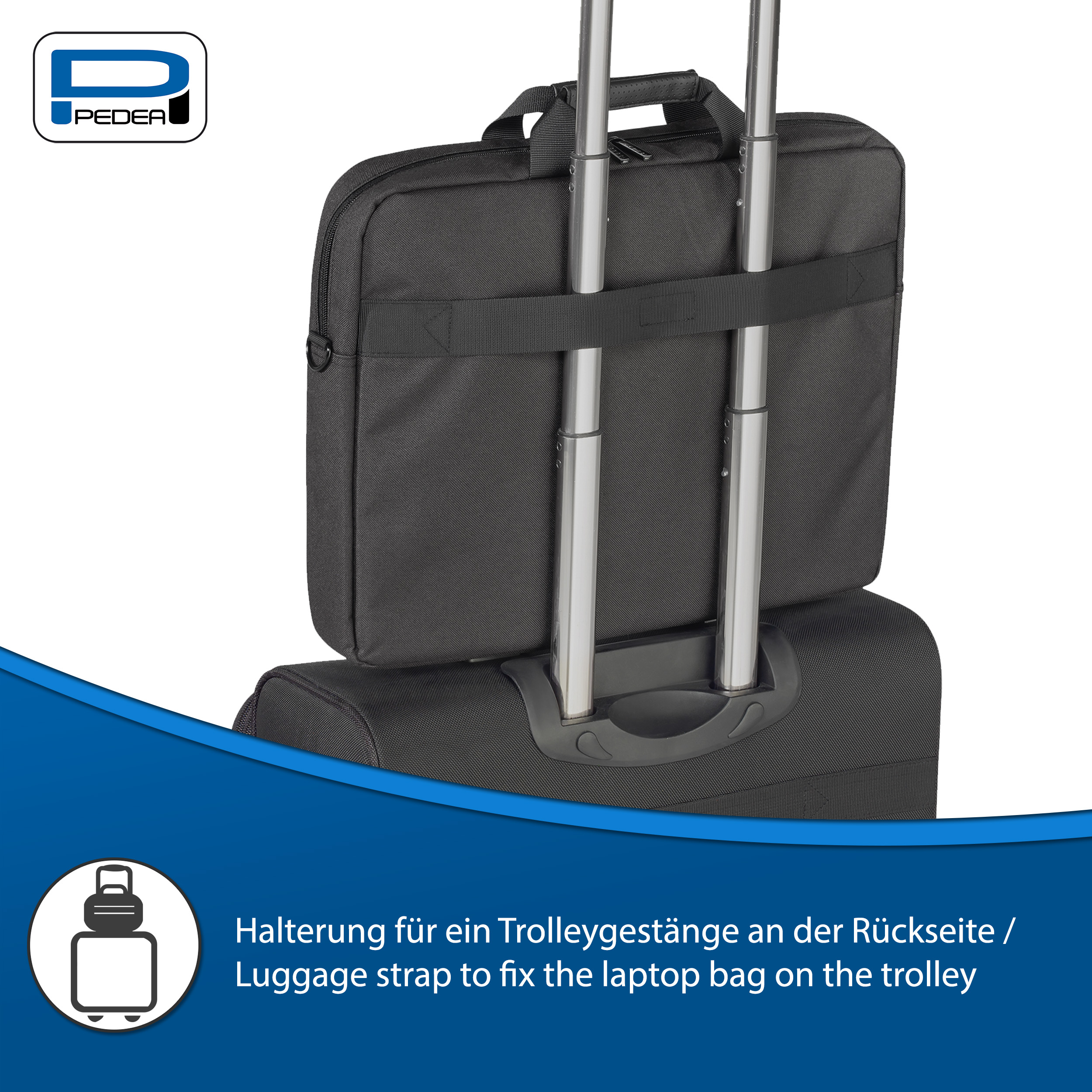 Eine schwarze Laptoptasche, die an einem schwarzen Trolley befestigt ist, mit einem weißen und blauen Logo.