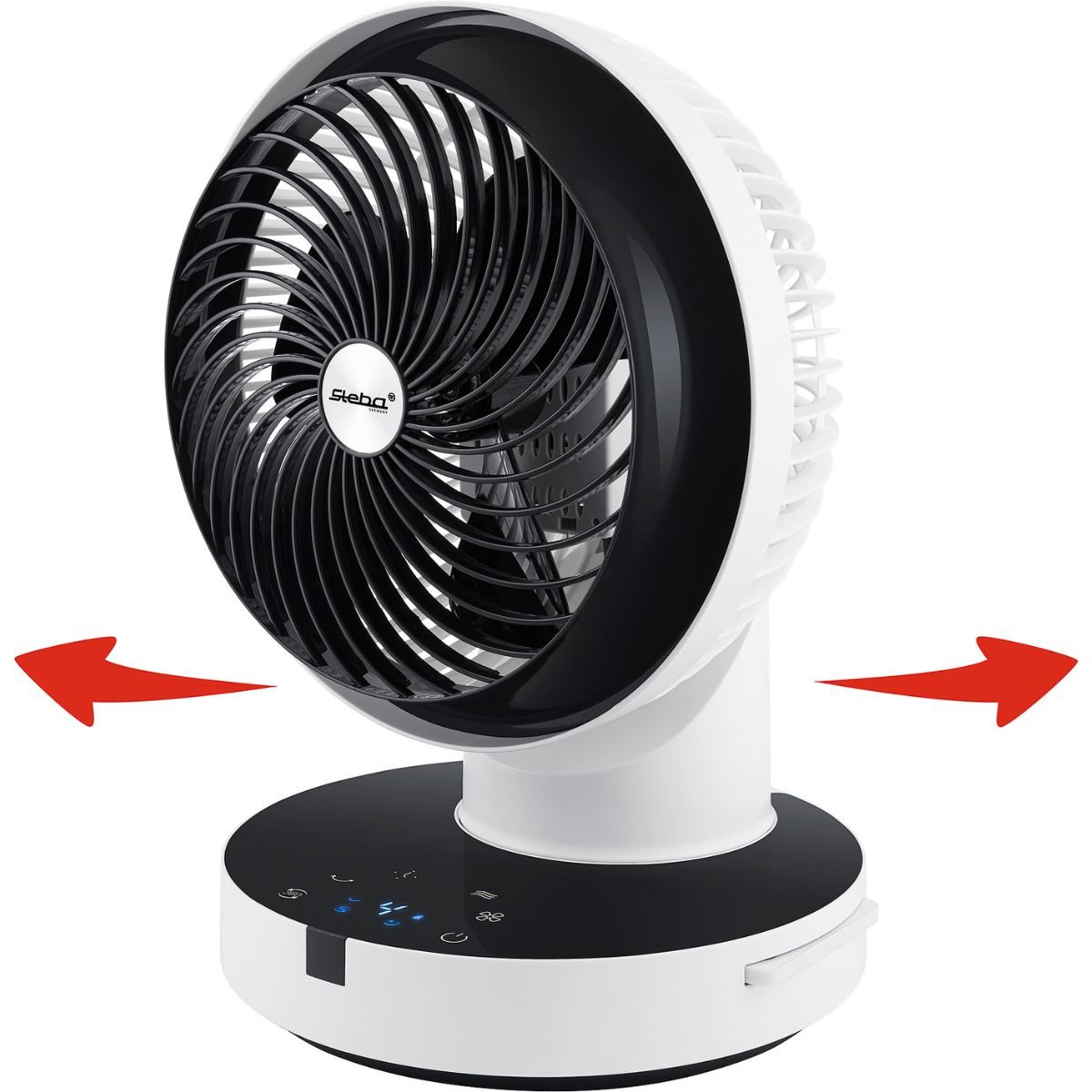Weiß-schwarzer Ventilator mit Richtungspfeilen, Schwenkfunktion zeigend.