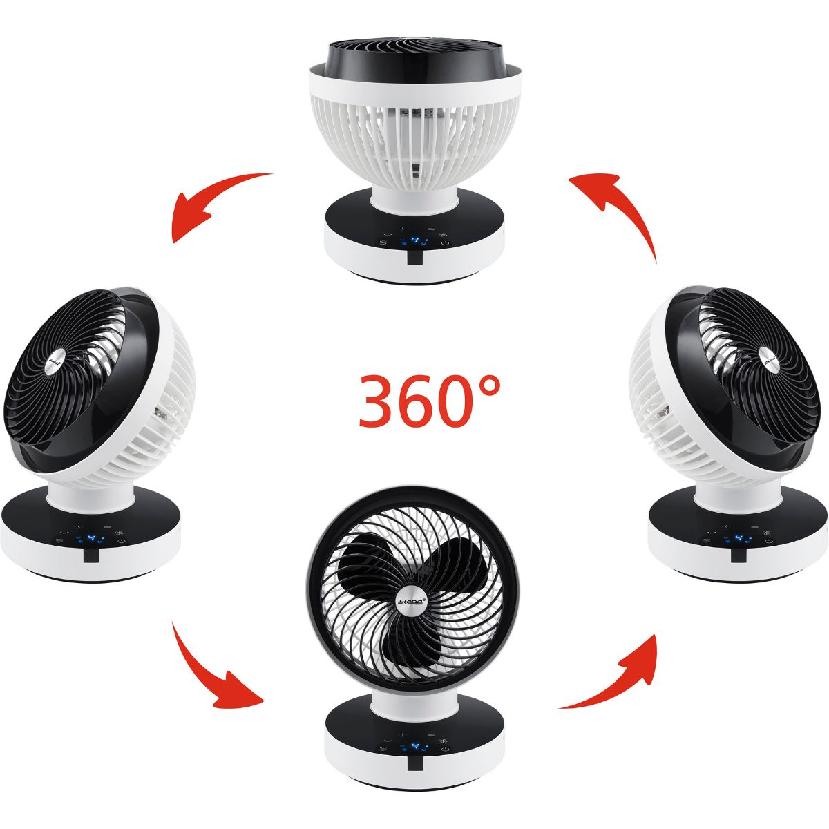 Ein Ventilator in Weiß und Schwarz dreht sich und zeigt verschiedene Winkel mit Pfeilen.