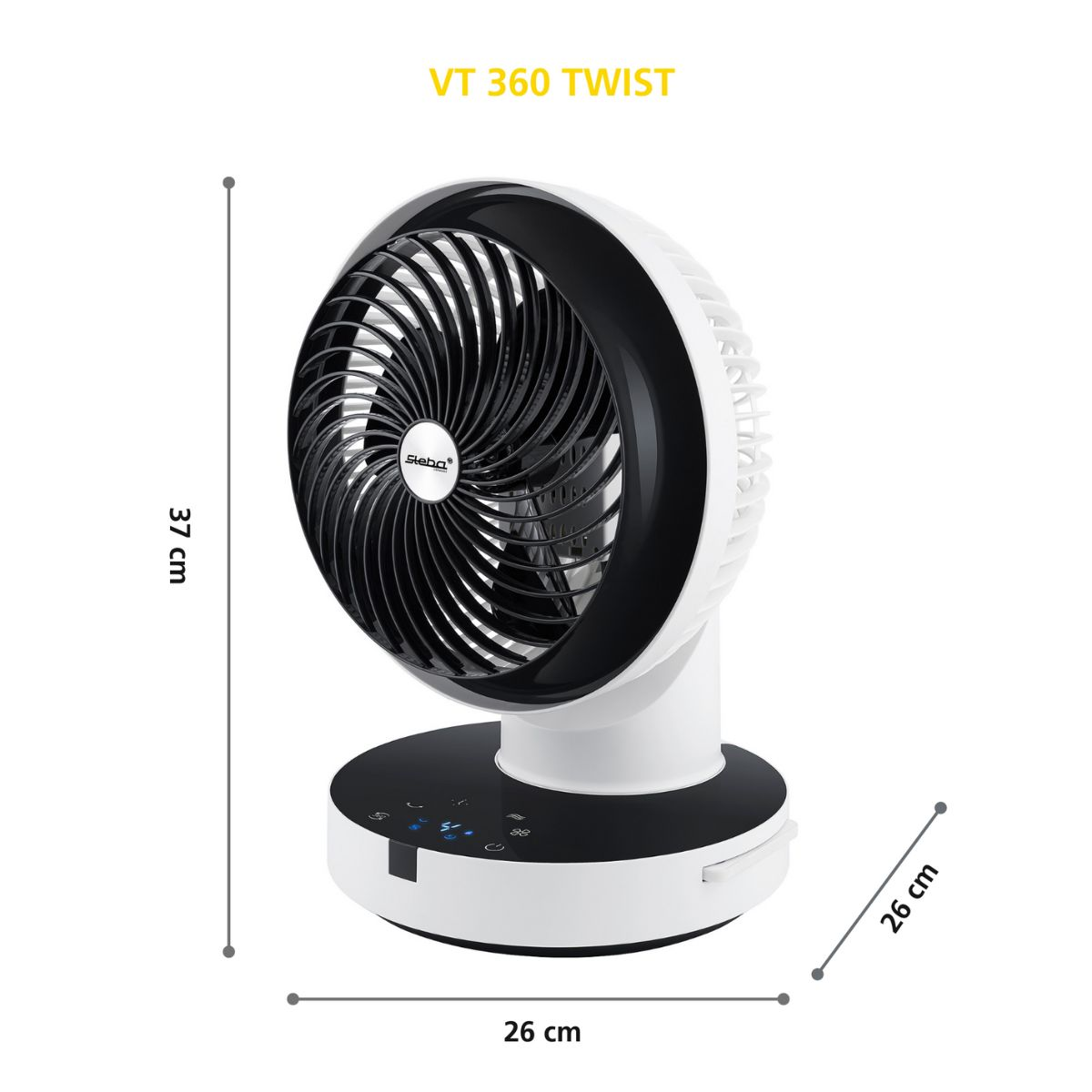 Weißer und schwarzer Ventilator mit Abmessungen und Text: VT 360 TWIST.