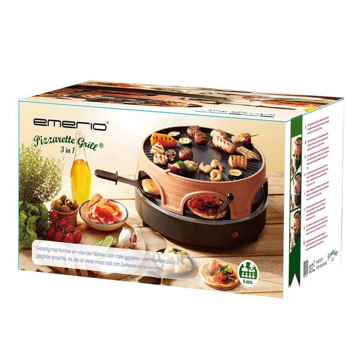 Die Box zeigt einen Pizzarette-Grill mit Essen oben und im Ofen. Zutaten wie Gemüse, Fleisch und Pizza sind abgebildet.