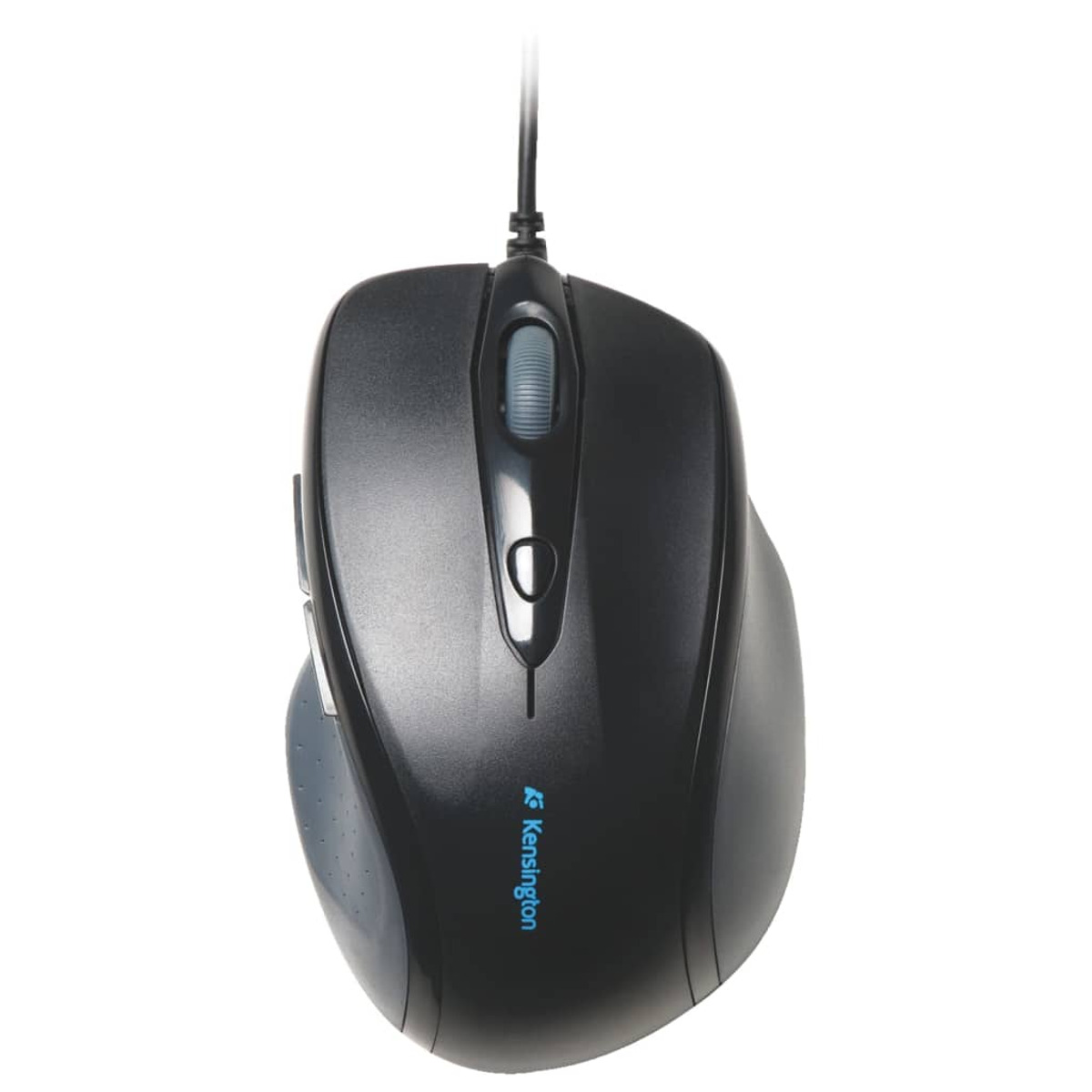 Black Kensington mouse with a cable, a scroll wheel, and side buttons, on a white background.