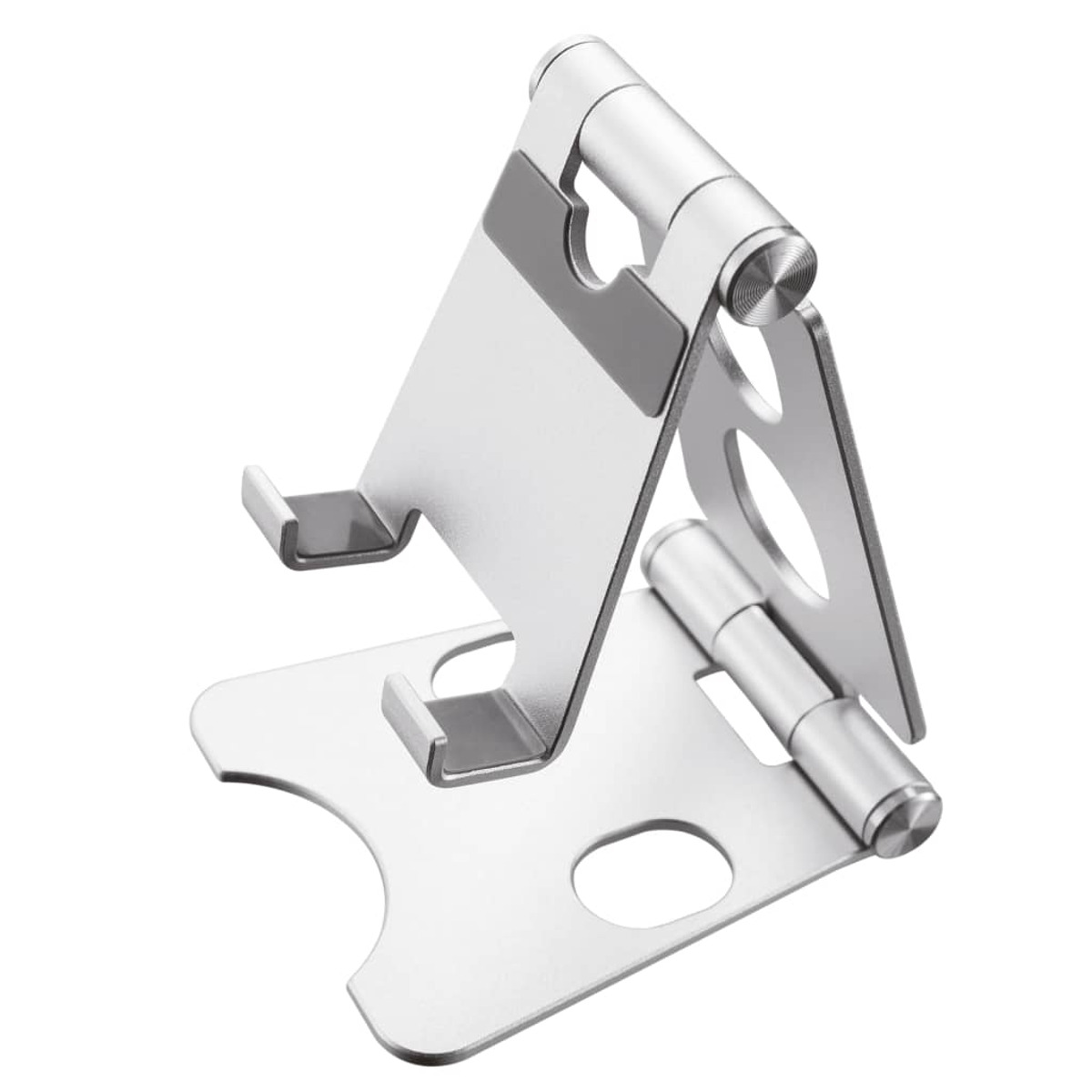 Silberner Telefonständer, verstellbar mit Scharnierdesign zum Halten eines Telefons.