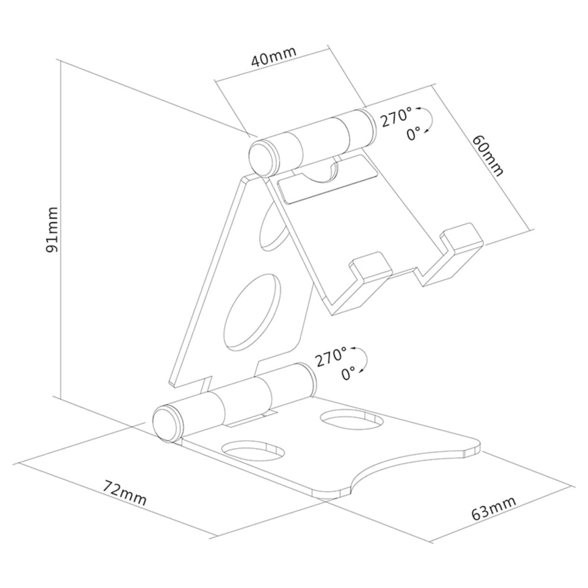Diagramm eines Telefonständers mit Maßen. Der Ständer ist weiß und hat ein faltbares Design.