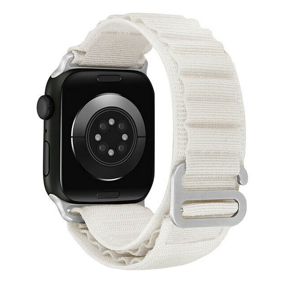 Eine schwarze Apple Watch mit cremefarbenem Armband, schräg gestellt, freigestellt auf weißem Hintergrund.