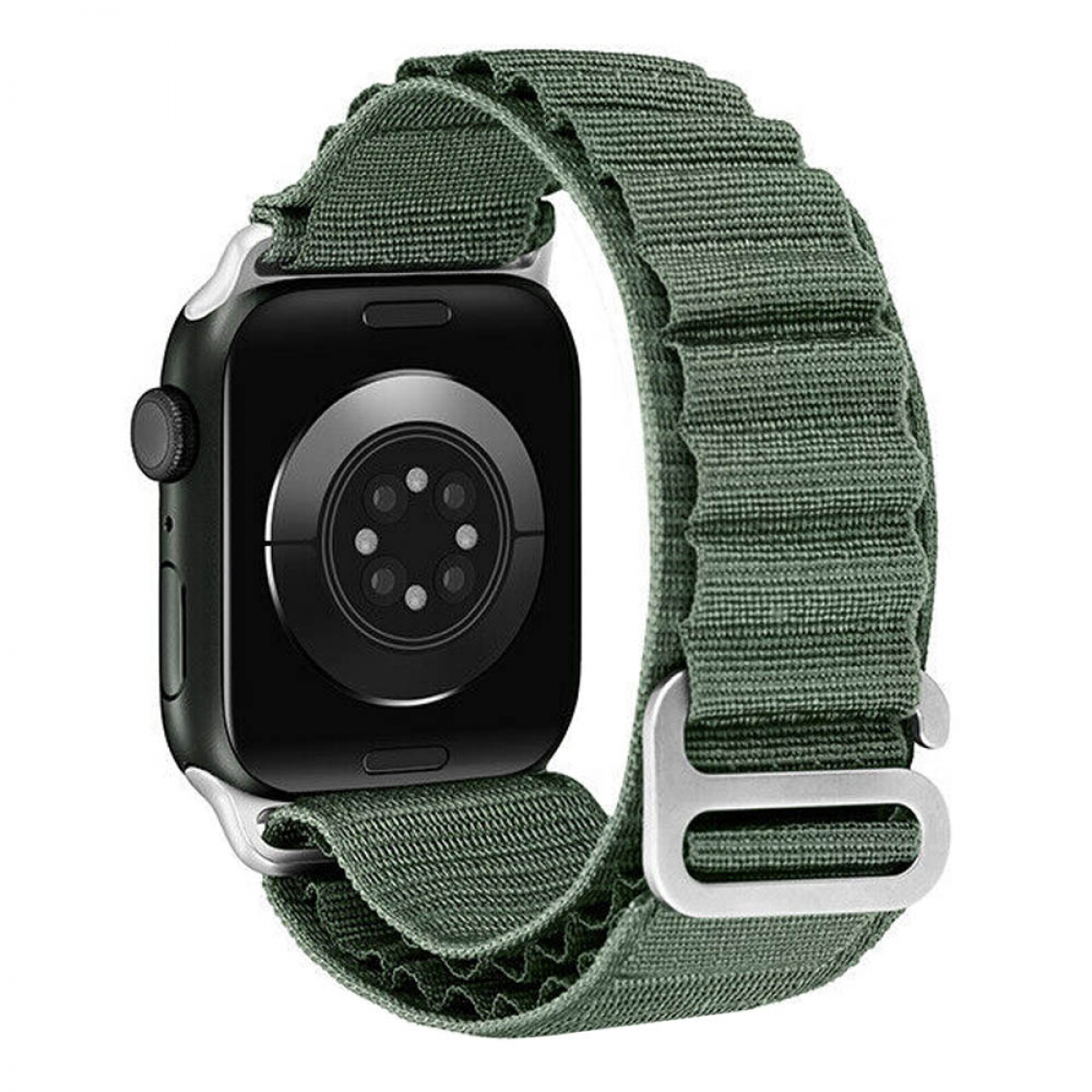Apple Watch, schwarzes Zifferblatt, grünes Stoffarmband, silberne Schließe.