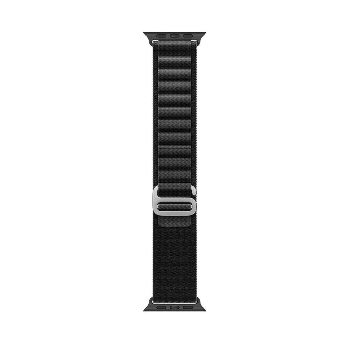 Schwarzes Uhrenarmband mit Metallverschluss. Das Armband hat ein geriffeltes Design.
