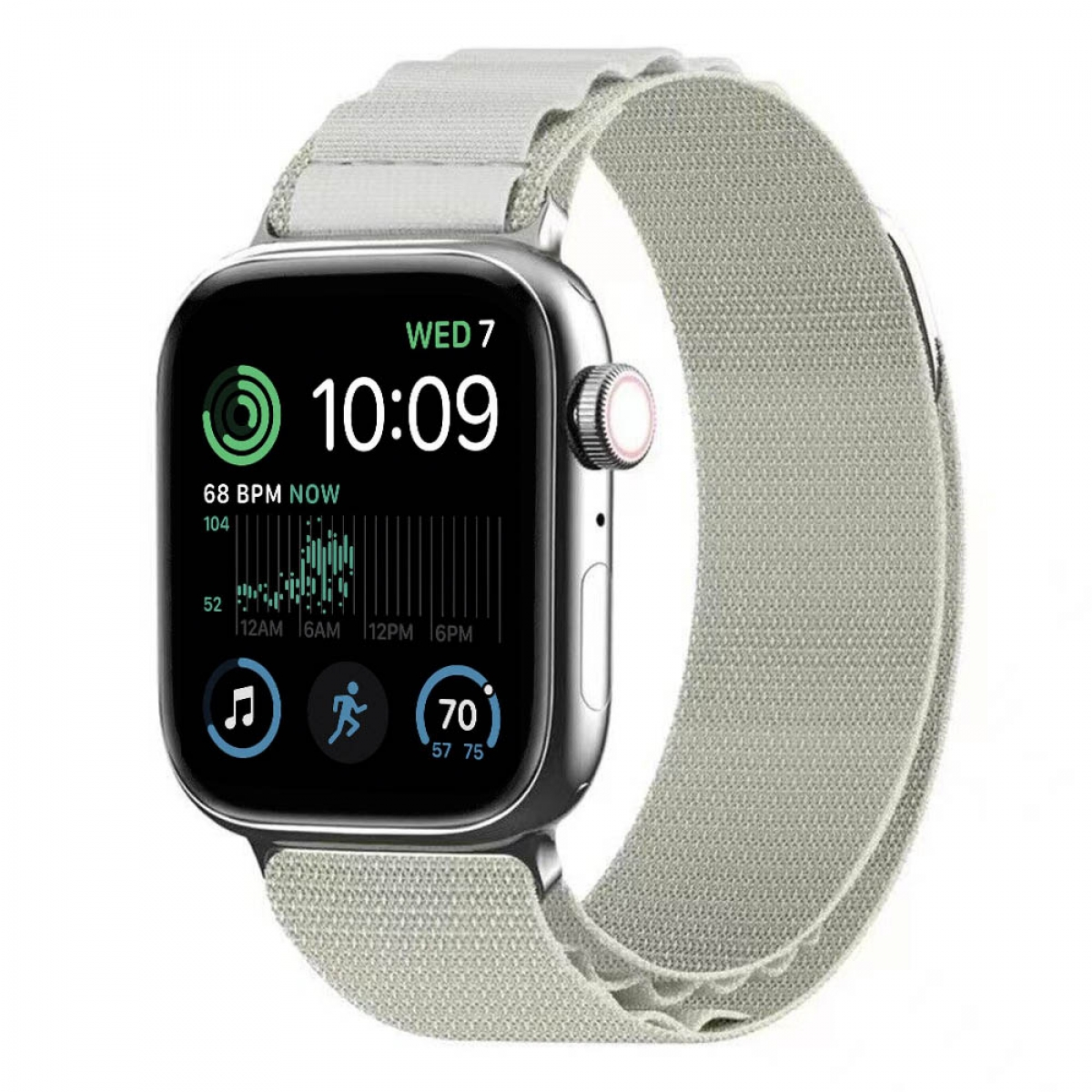 Eine silberne Apple Watch mit grünem Armband. Der Bildschirm zeigt Zeit und Gesundheitsinfos.