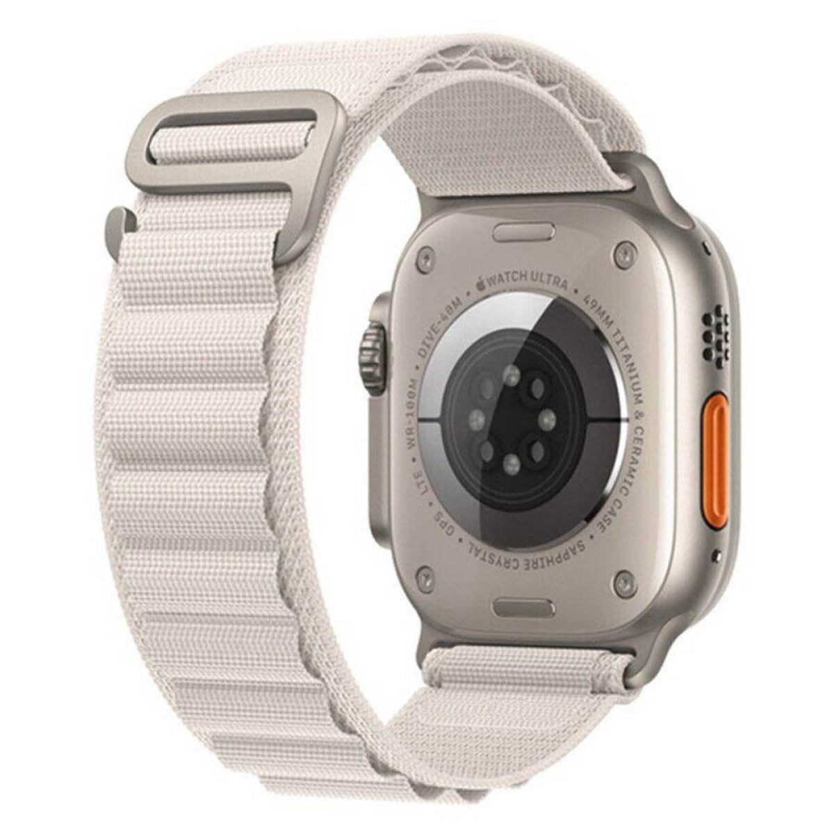 Apple Watch Ultra mit weißem Sport Loop-Band, silbernem Gehäuse und orangefarbenem Knopf.