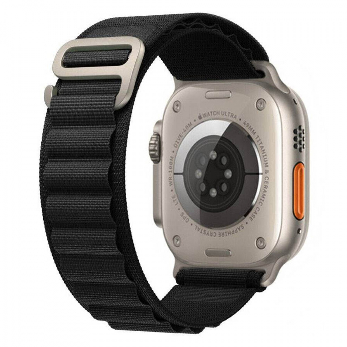 Rückseite einer schwarzen Apple Watch Ultra mit schwarzem Band, auf weißem Hintergrund.