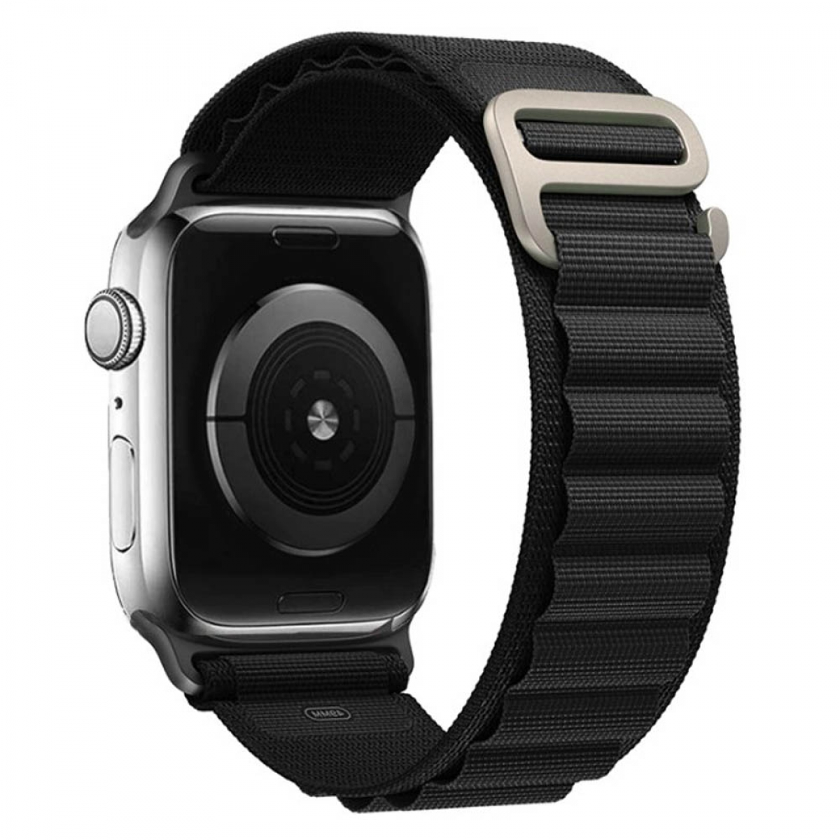 Eine schwarze Uhr mit einem schwarzen Armband wird gezeigt. Das Armband hat eine silberne Schnalle.