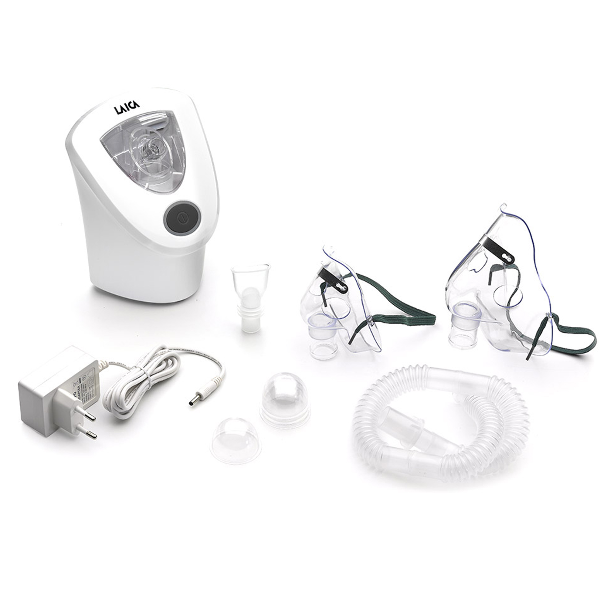 Nebulizador blanco con accesorios. Incluye máscaras, tubos y fuente de alimentación. Marca LAICA.