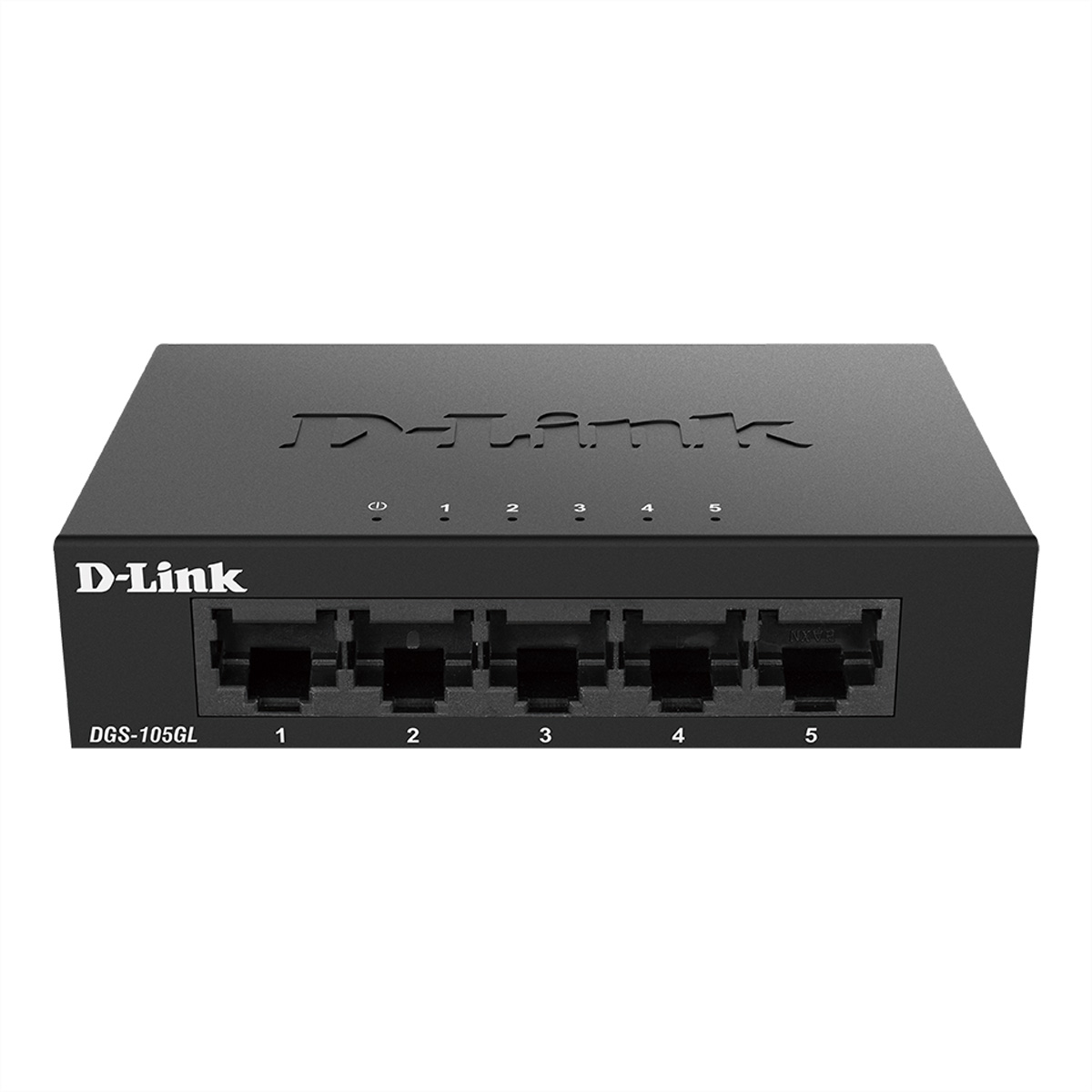 Schwarzer D-Link-Netzwerk-Switch mit fünf Anschlüssen, beschriftet mit 1-5. Das D-Link-Logo ist deutlich sichtbar.