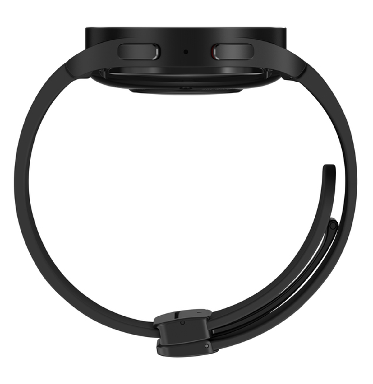 Czarny smartwatch z zakrzywionym paskiem. Widoczna jest spodnia strona zegarka, pokazująca czujniki i przyciski.