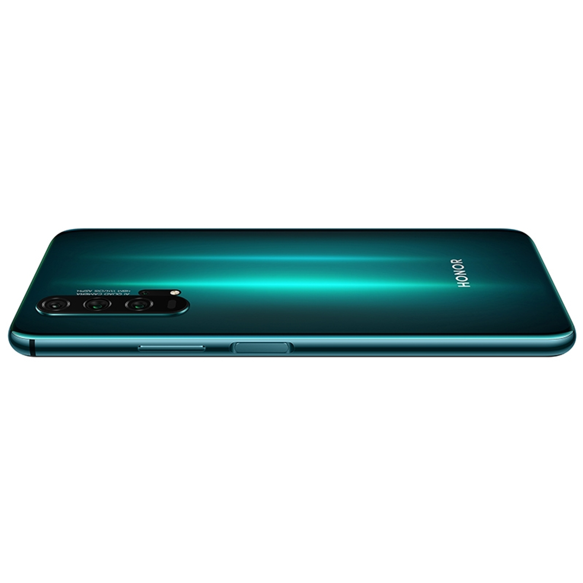 Ein türkisfarbenes Smartphone-Rückseite mit mehreren Kameras, das Wort HONOR, auf weißem Hintergrund.