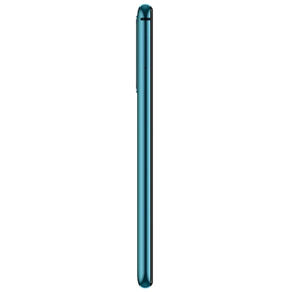 Seitenansicht eines türkisfarbenen Smartphones. Das Telefon ist schlank und hat ein glattes Design.